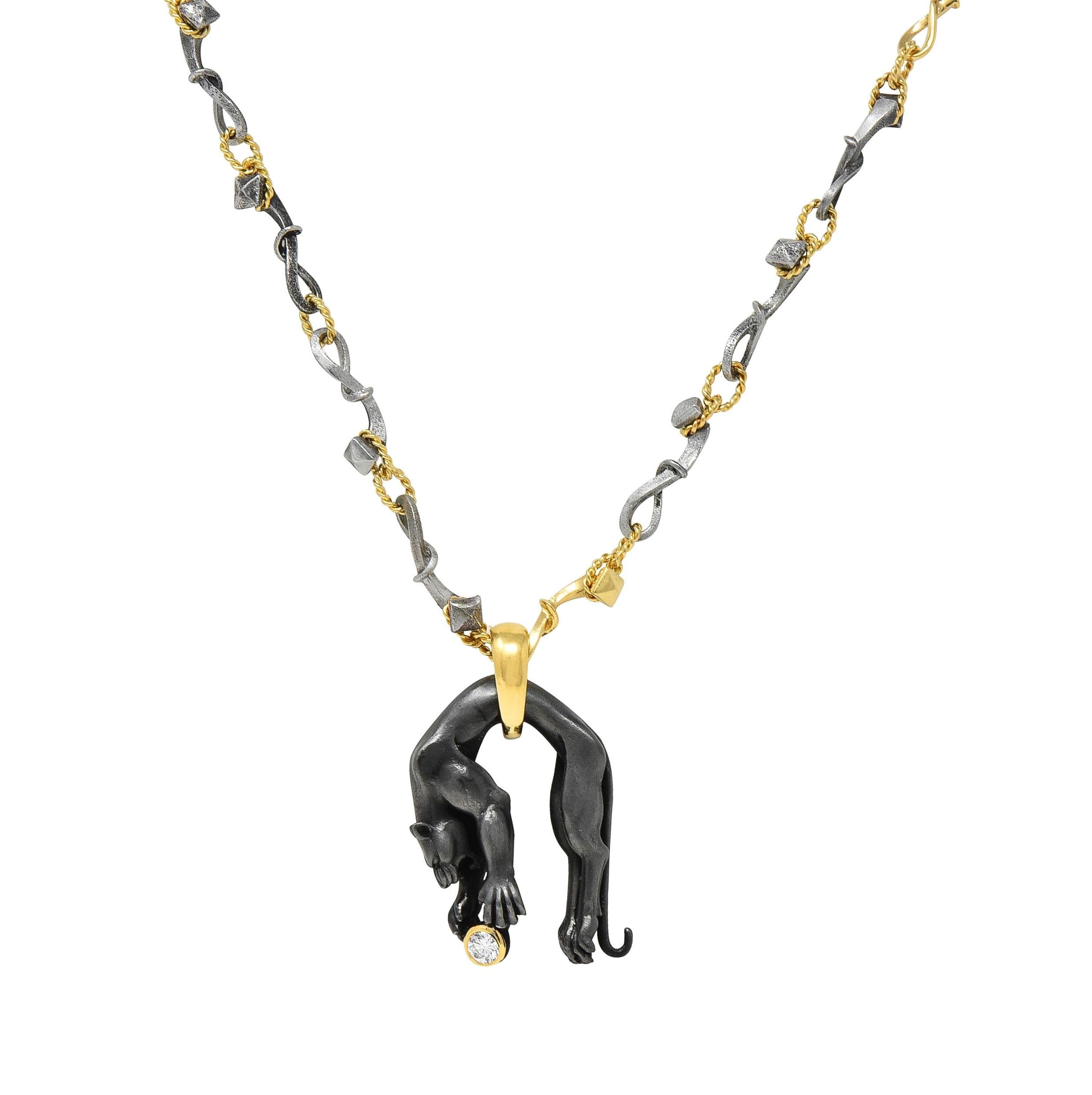 Carrera y Carrera 2000s Diamond Anodized Steel 18 Karat Gold Panther Necklace