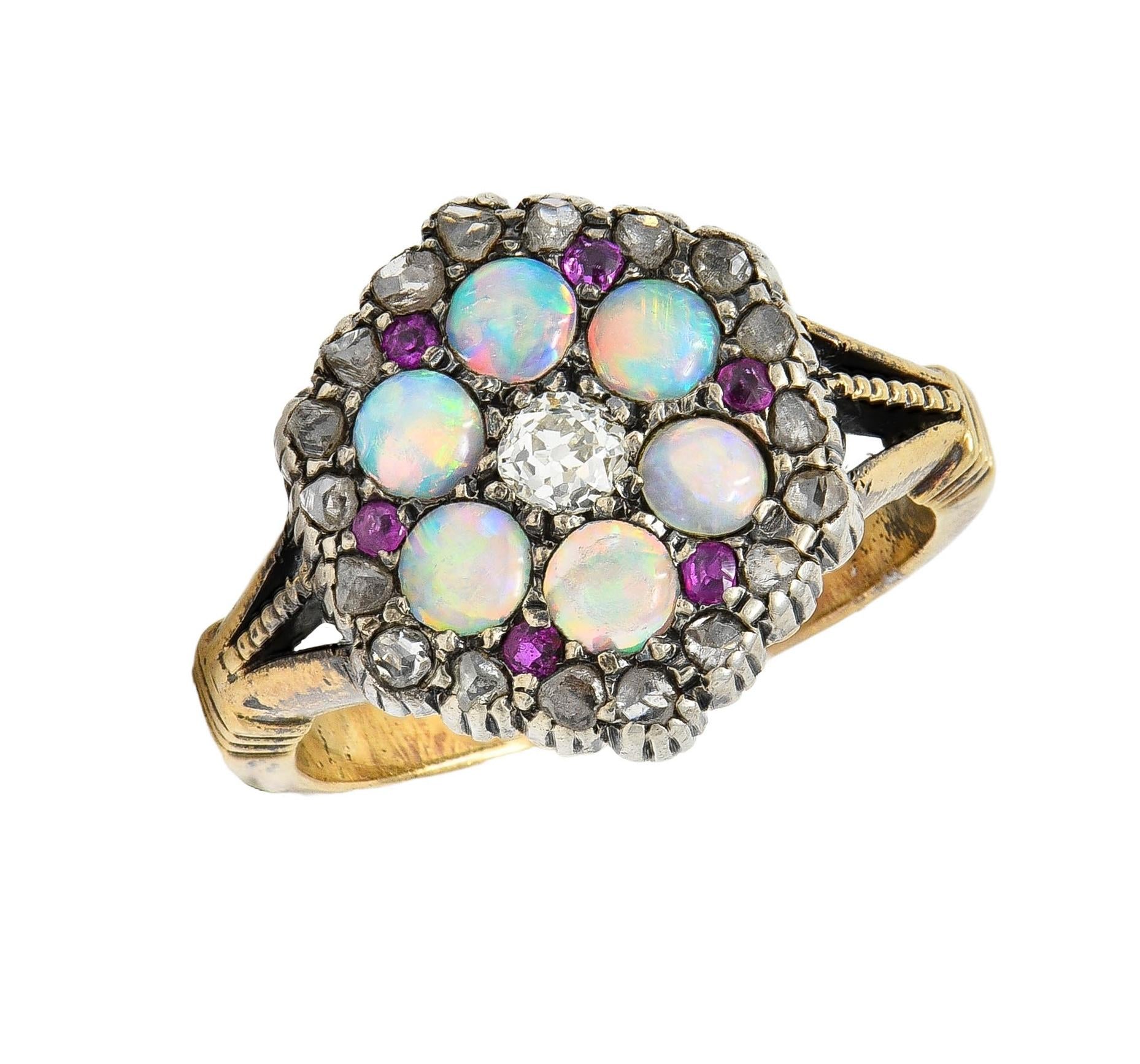 Victorian 0.58 CTW Diamond Ruby Opal Silver 14 Karat Gold Antique Cluster Ring