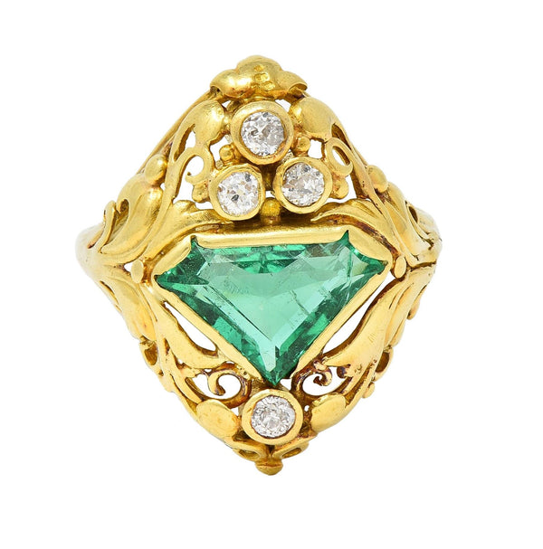 Arts & Crafts 1.67 CTW Emerald Diamond 18 Karat Yellow Gold Antique Scroll Ring