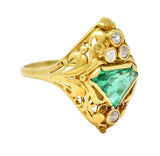 Arts & Crafts 1.67 CTW Emerald Diamond 18 Karat Yellow Gold Antique Scroll Ring