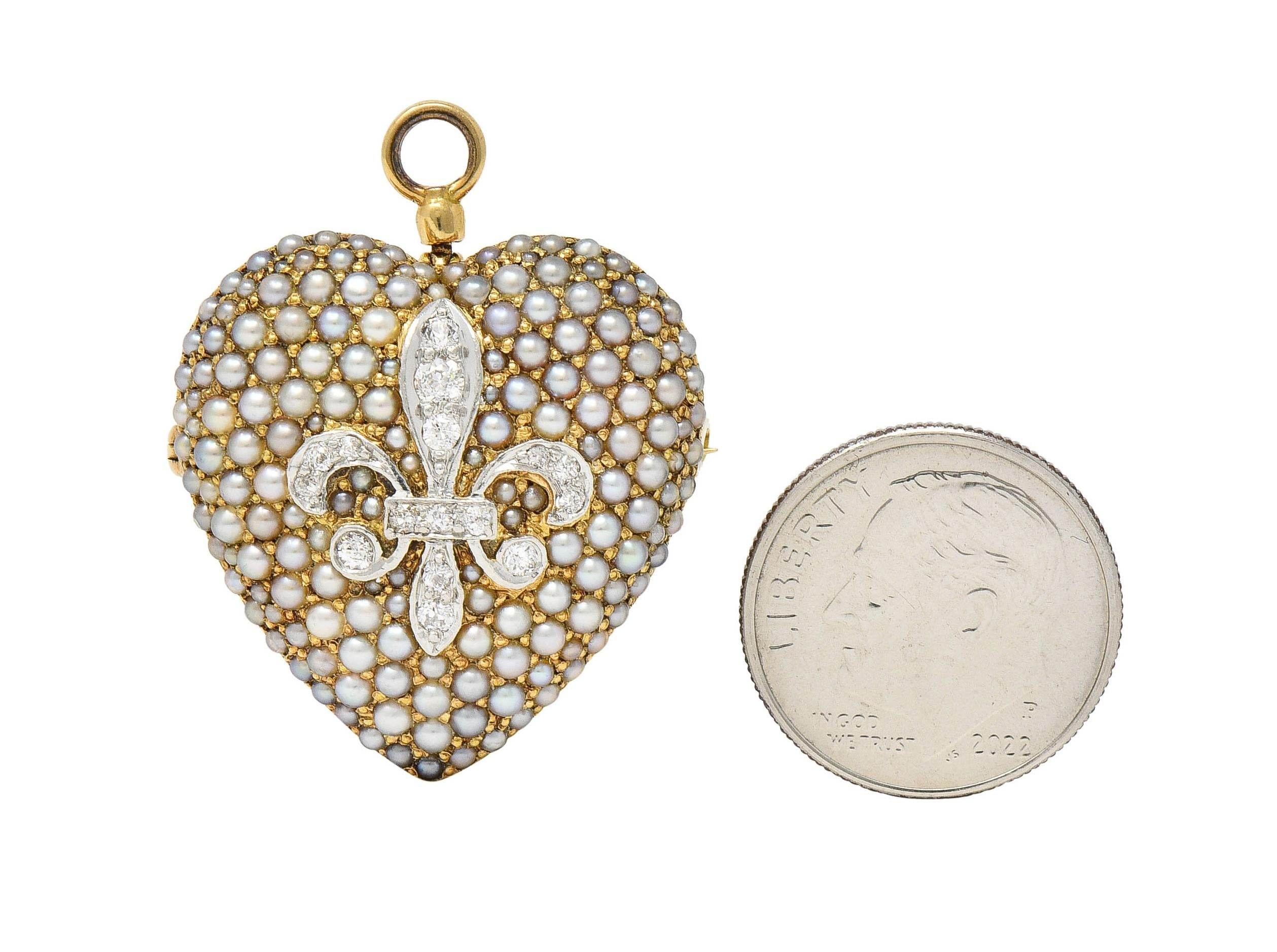 Edwardian Diamond Pearl Platinum 14K Yellow Gold Heart Antique Pendant Brooch