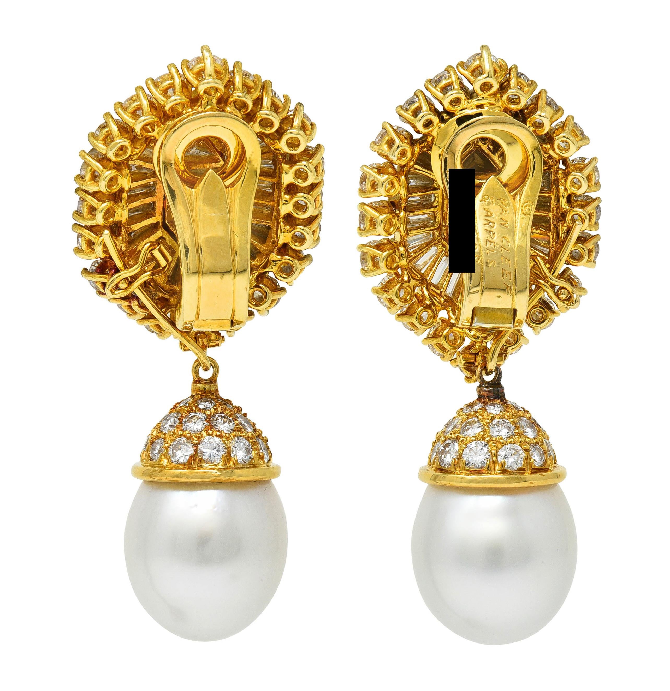 Van Cleef & Arpels 12.50 CTW Diamond Pearl 14K Gold Vintage Day Night Earrings