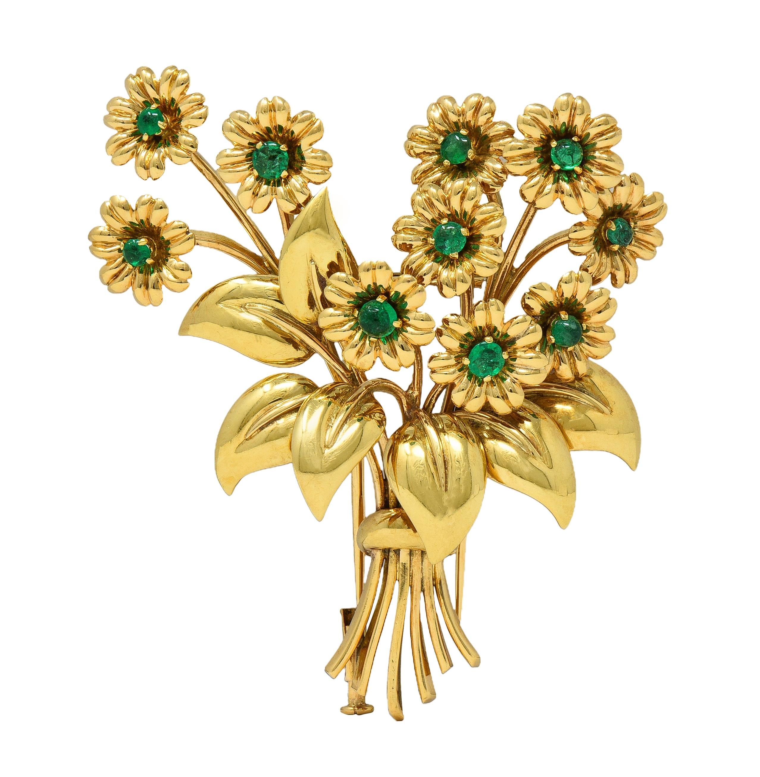 Van Cleef & Arpels 1948 French Emerald 14 Karat Yellow Gold Vintage Daisy Brooch