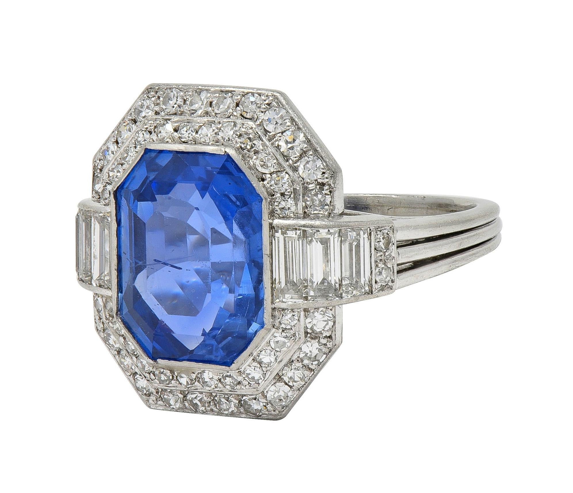 Mid Century 7.12 CTW No Heat Ceylon Sapphire Diamond Platinum Vintage Halo Ring