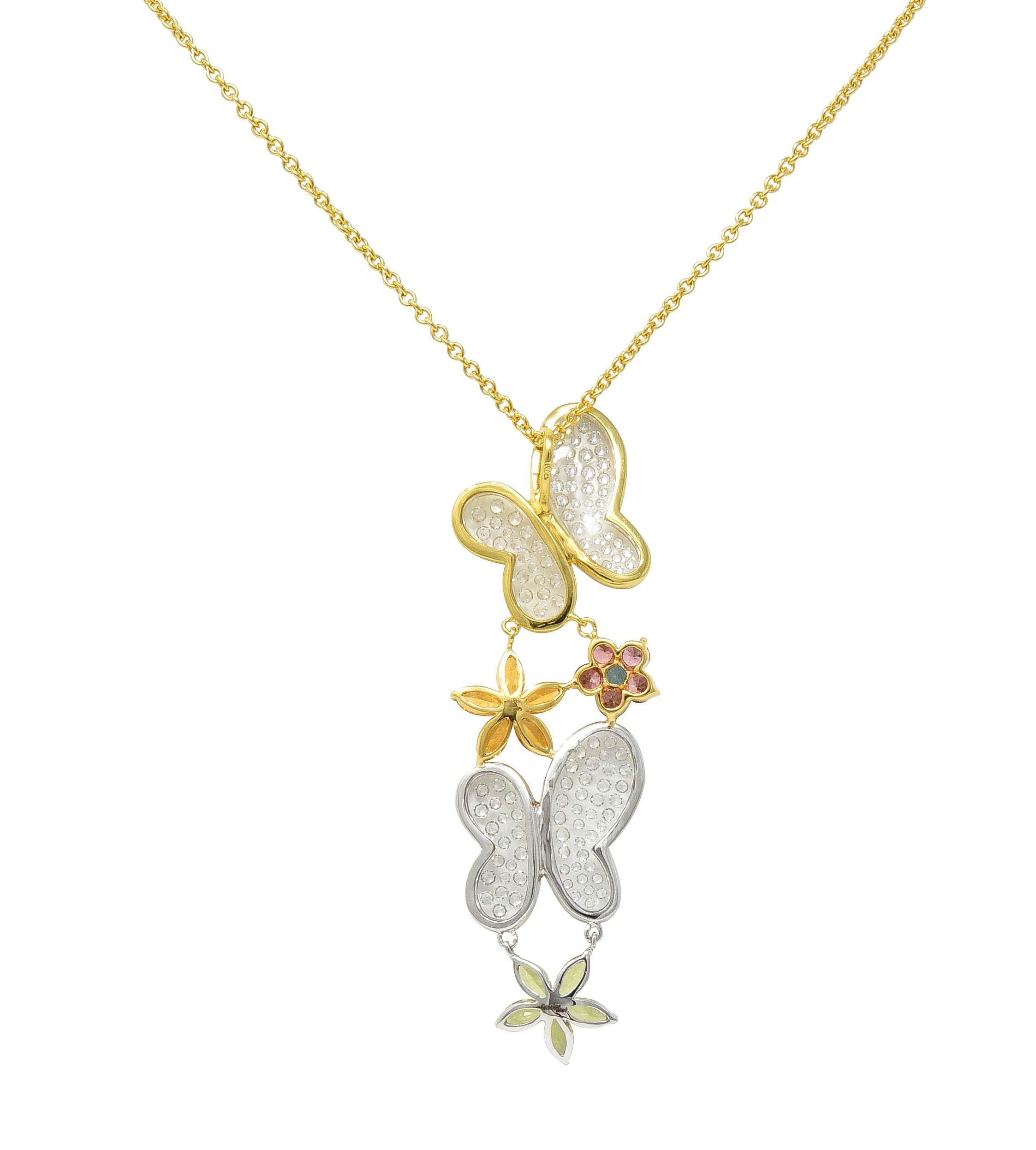 Contemporary Diamond Multi-Gem 18K Gold Flower Butterfly Pendant Necklace