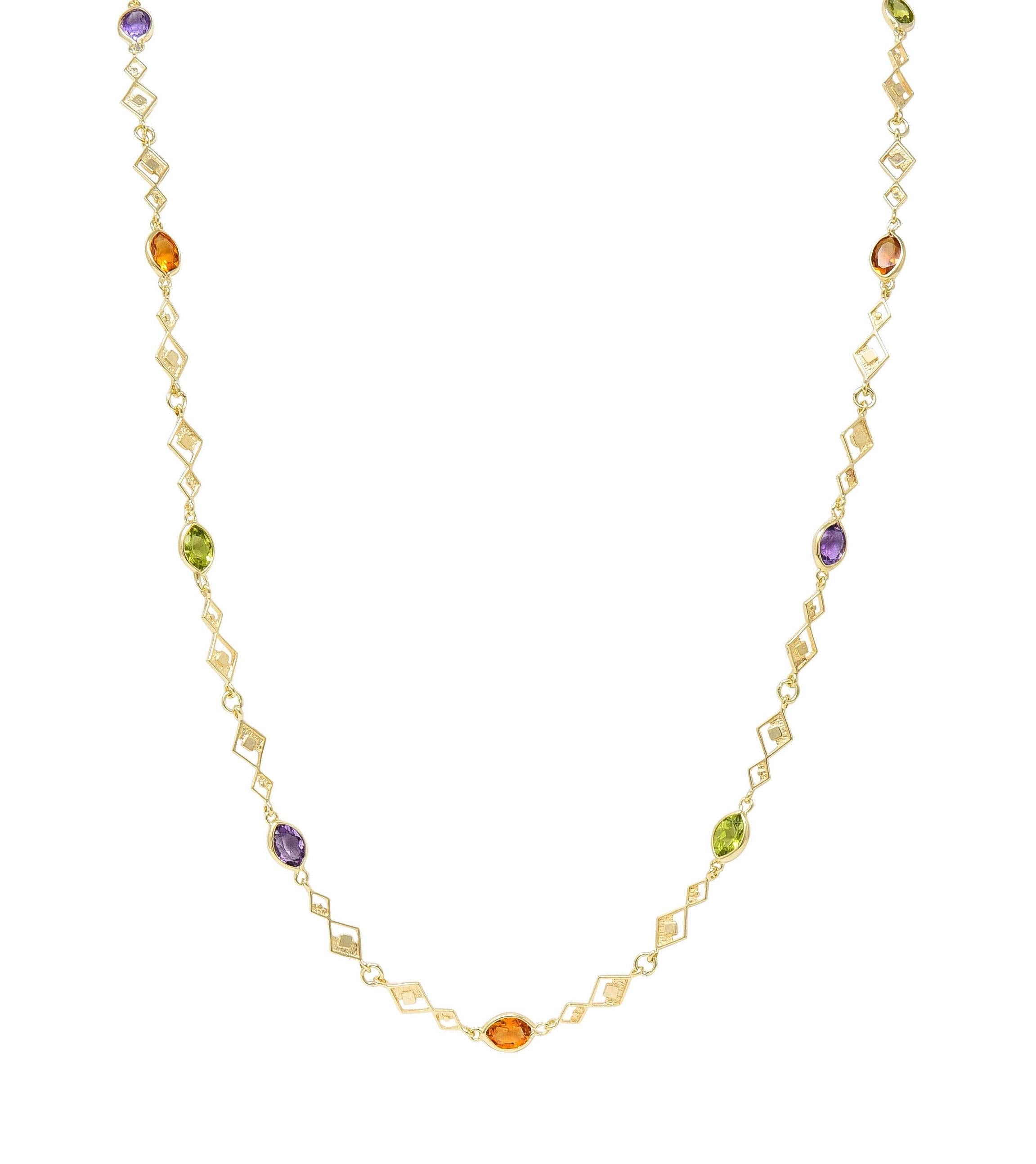 2000's Multi-Gem 14 Karat Yellow Gold Geometric Station Necklace