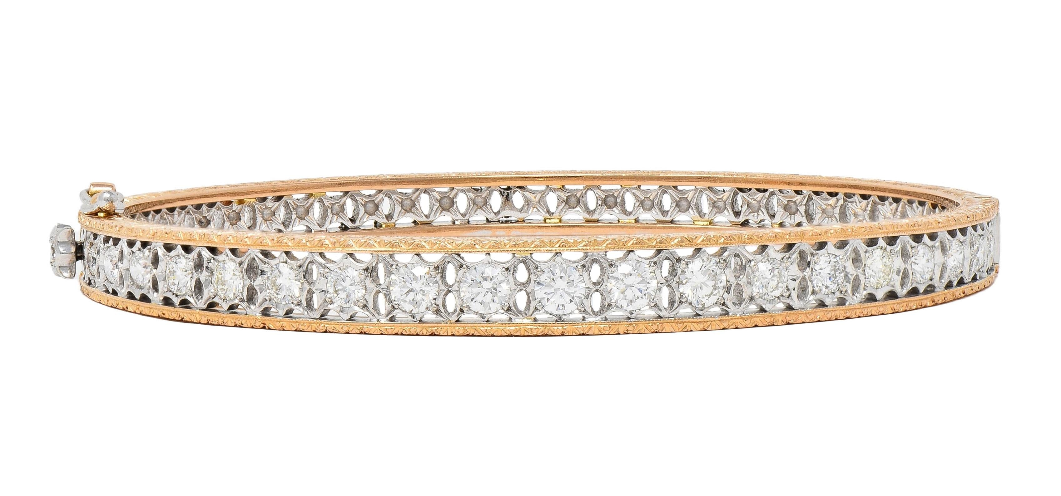 1.80 CTW Diamond 18 Karat Two-Tone Yellow Gold Vintage Floral Bangle Bracelet