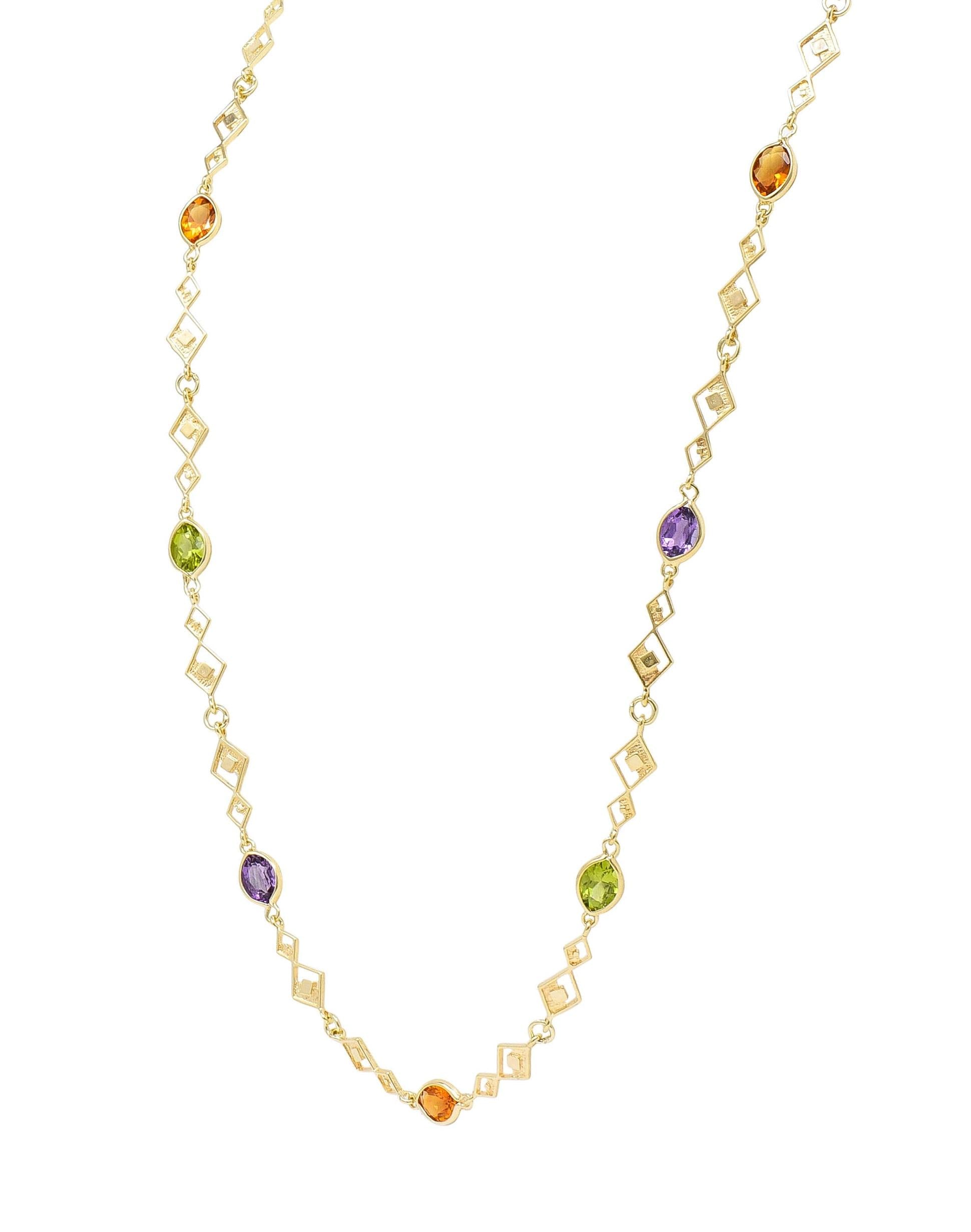 2000's Multi-Gem 14 Karat Yellow Gold Geometric Station Necklace