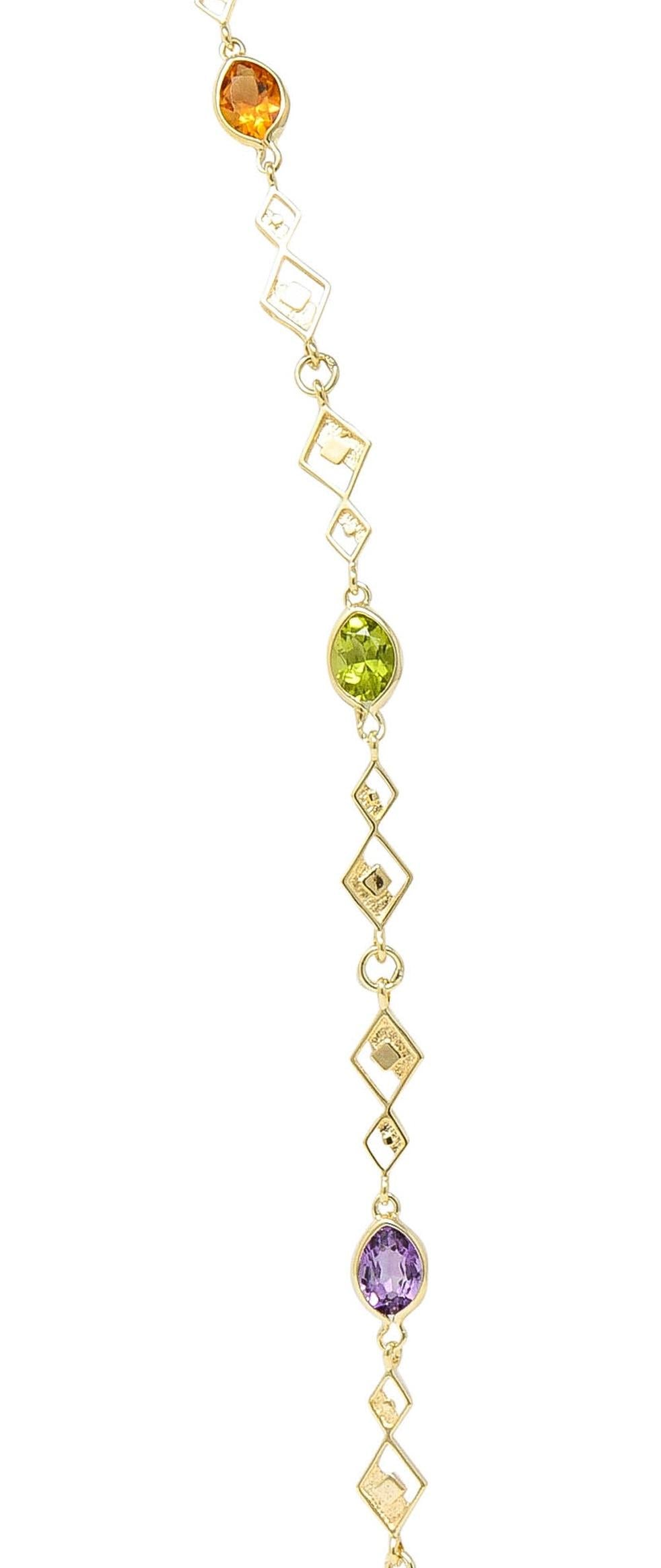 2000's Multi-Gem 14 Karat Yellow Gold Geometric Station Necklace