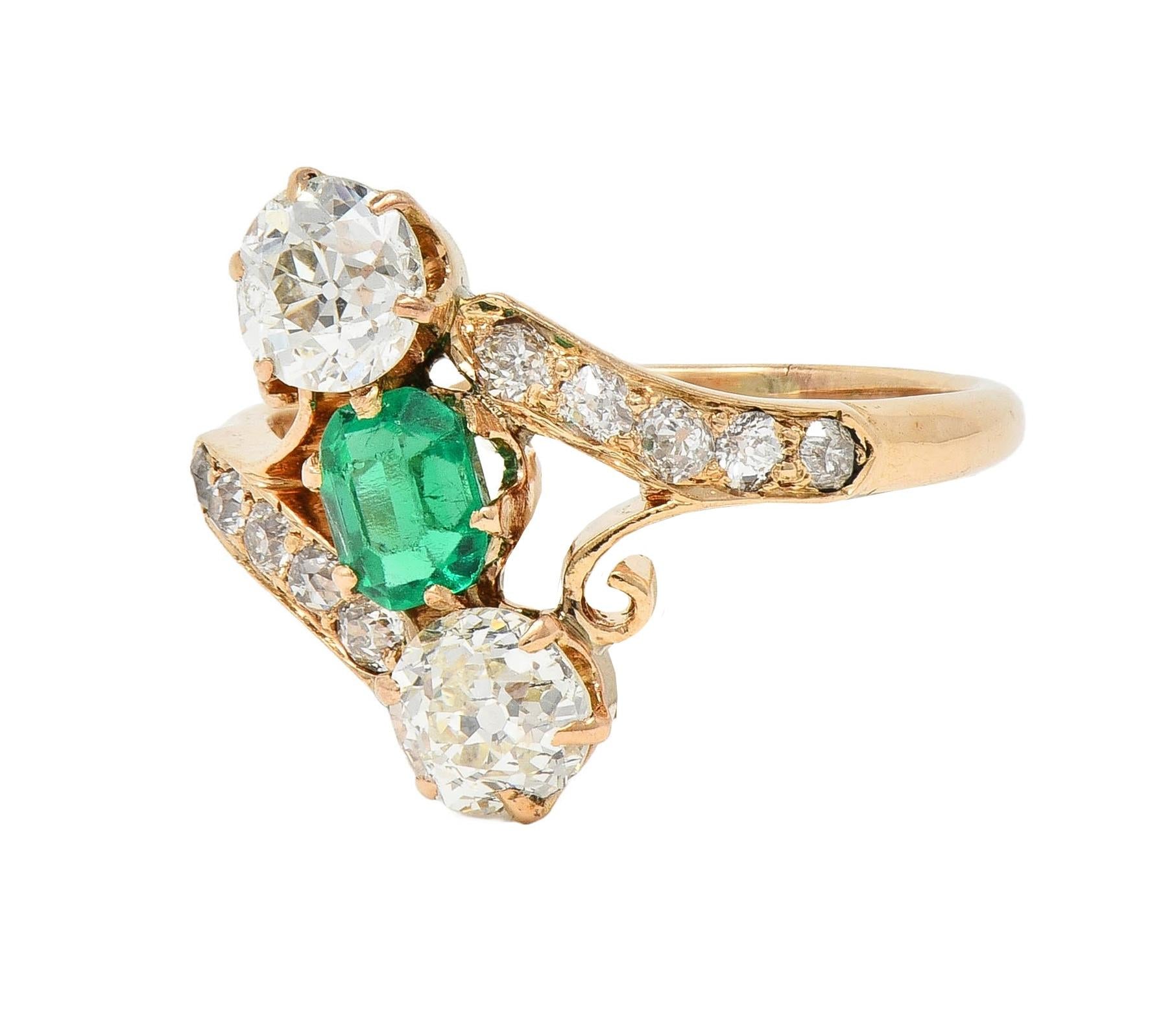 Victorian 1.66 CTW Emerald Diamond 14 Karat Yellow Gold Antique Bypass Ring