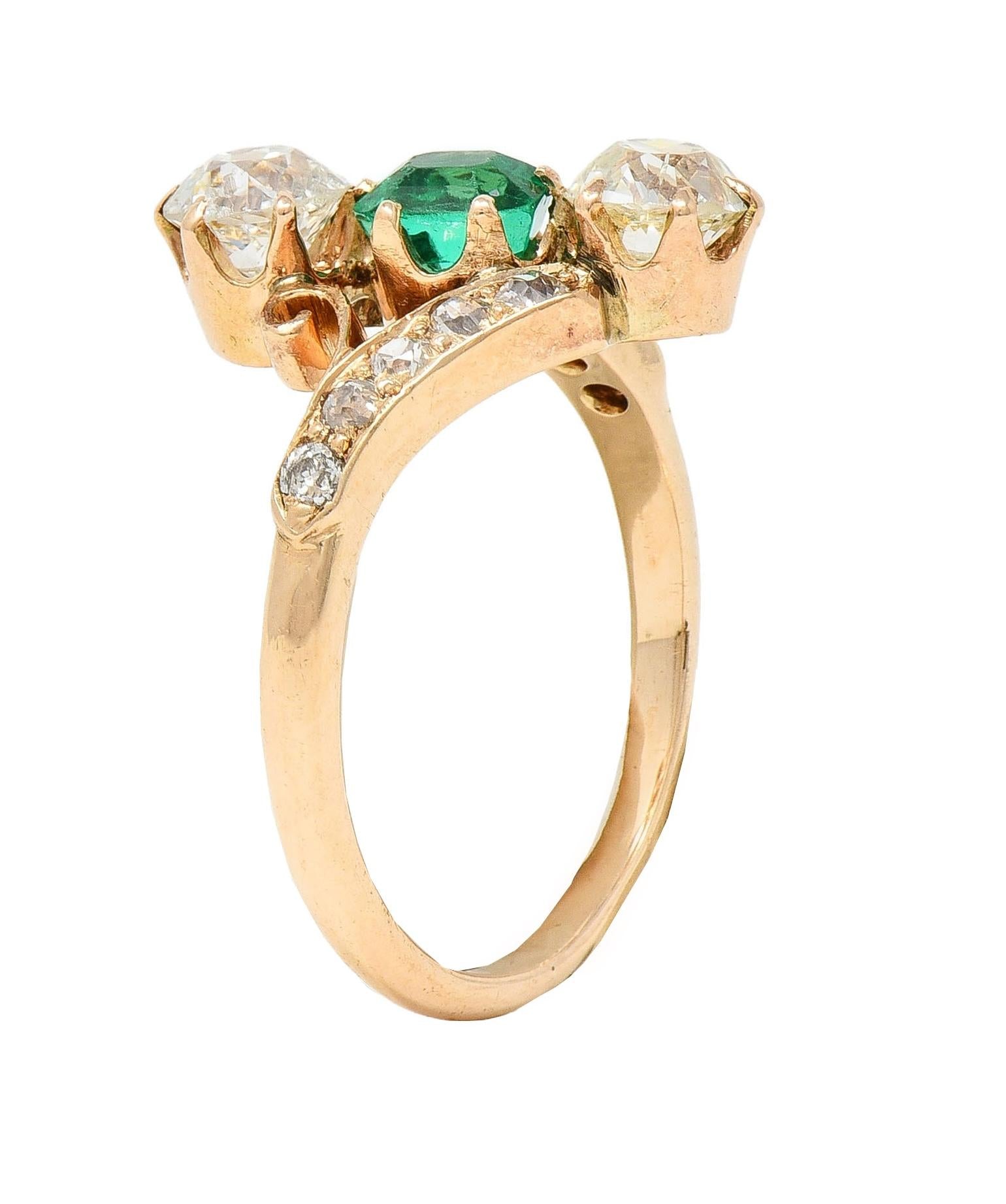 Victorian 1.66 CTW Emerald Diamond 14 Karat Yellow Gold Antique Bypass Ring