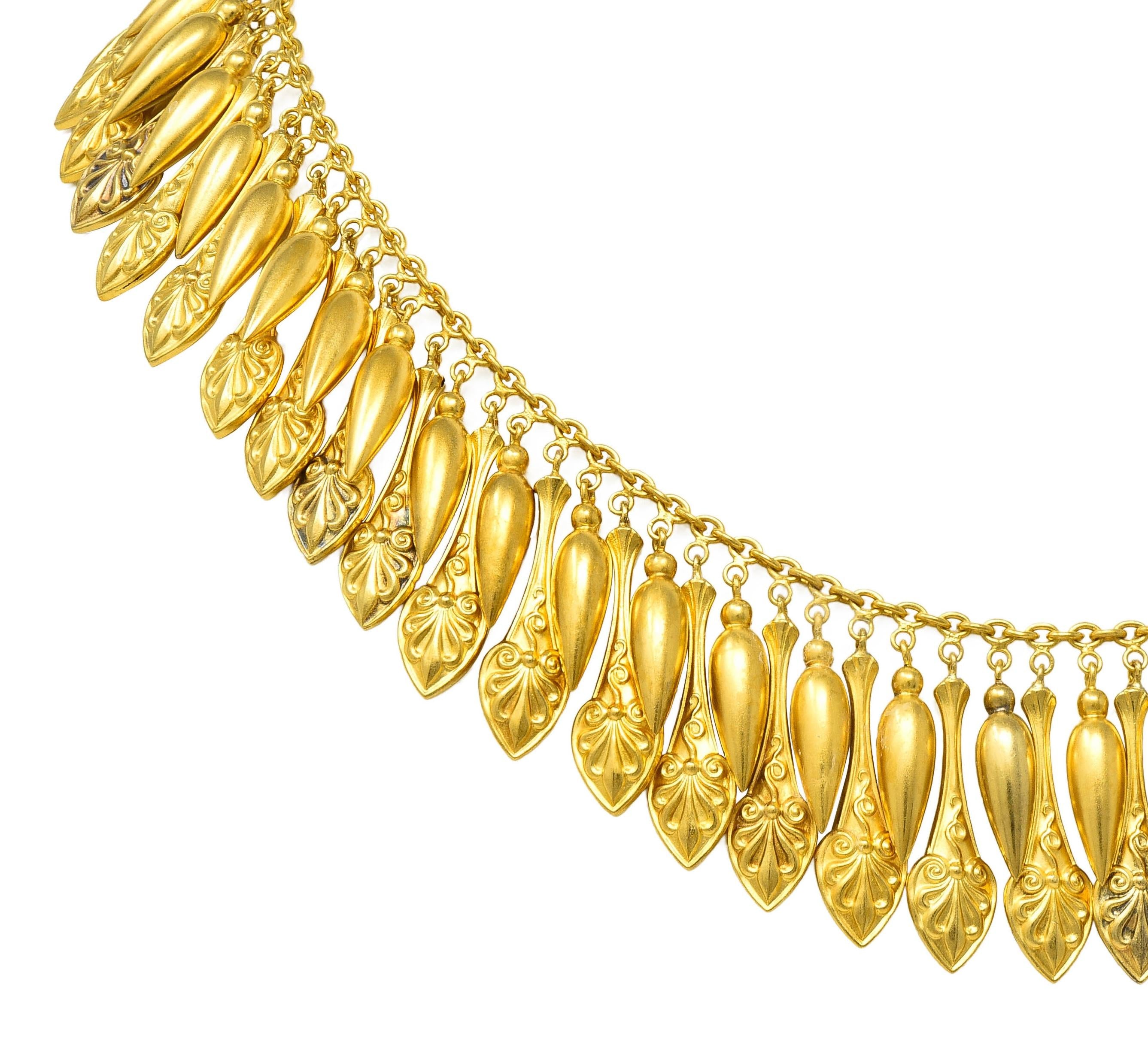 Victorian Etruscan Revival 18 Karat Yellow Gold Antique Fringe Drop Necklace