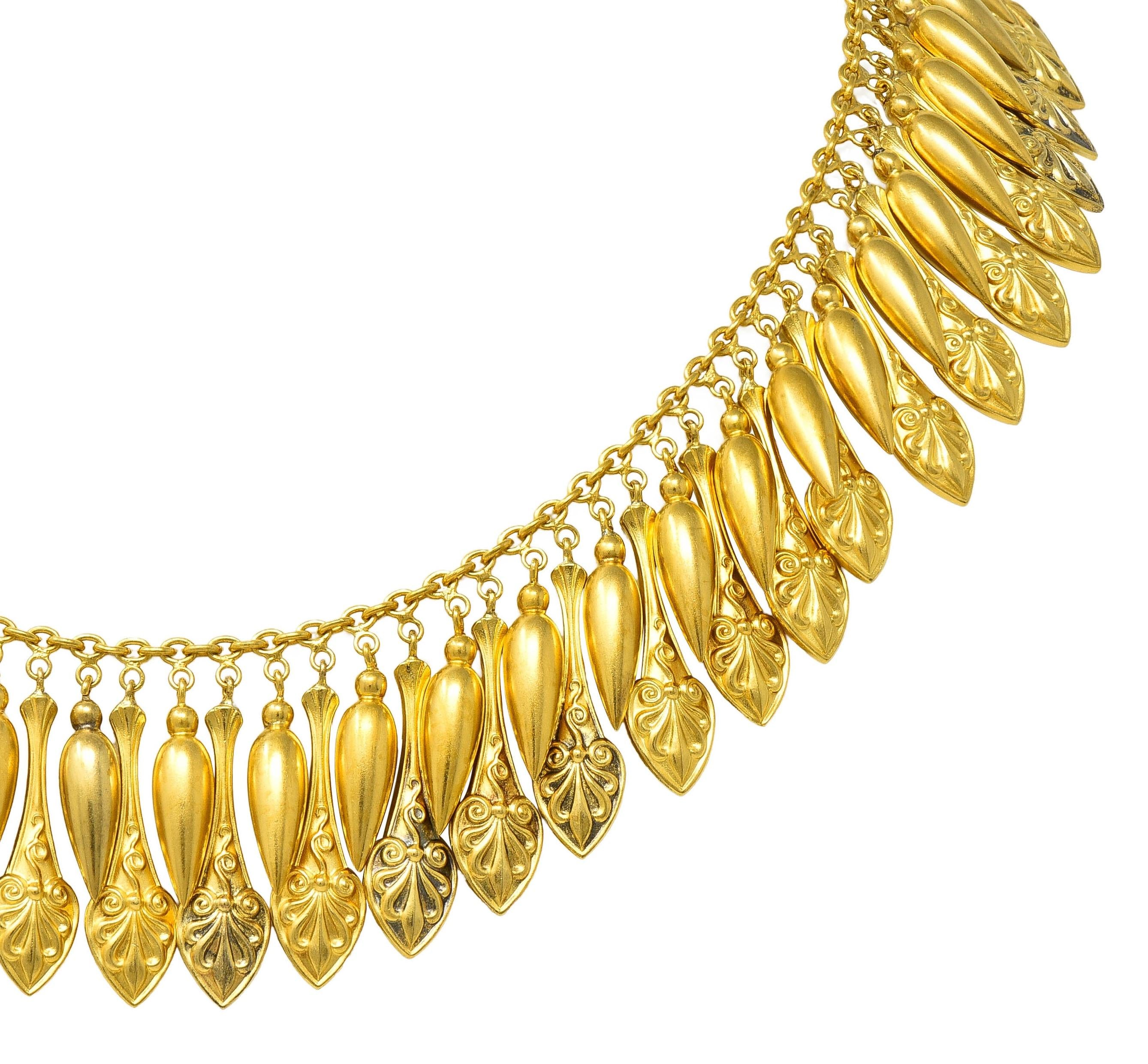 Victorian Etruscan Revival 18 Karat Yellow Gold Antique Fringe Drop Necklace