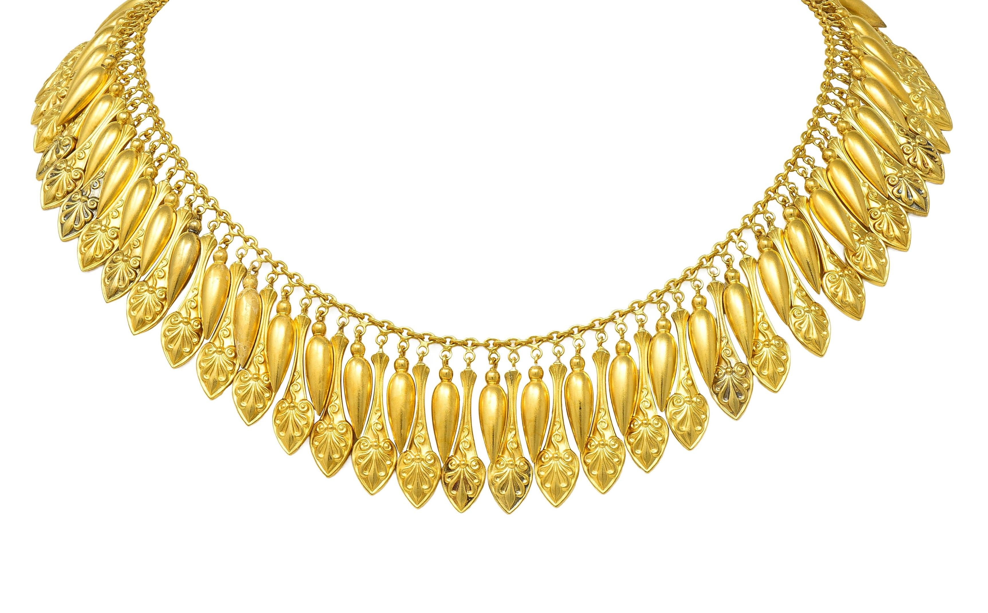 Victorian Etruscan Revival 18 Karat Yellow Gold Antique Fringe Drop Necklace