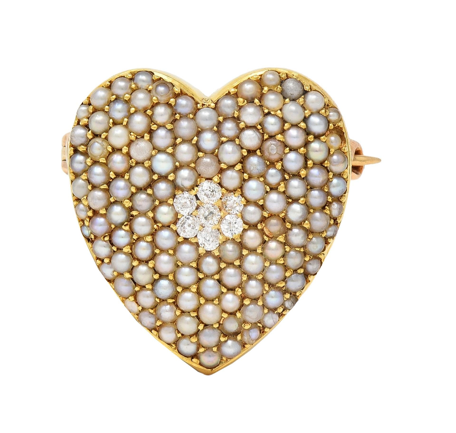 Krementz Victorian Diamond Pearl 14K Gold Antique Puffy Heart Pendant Brooch