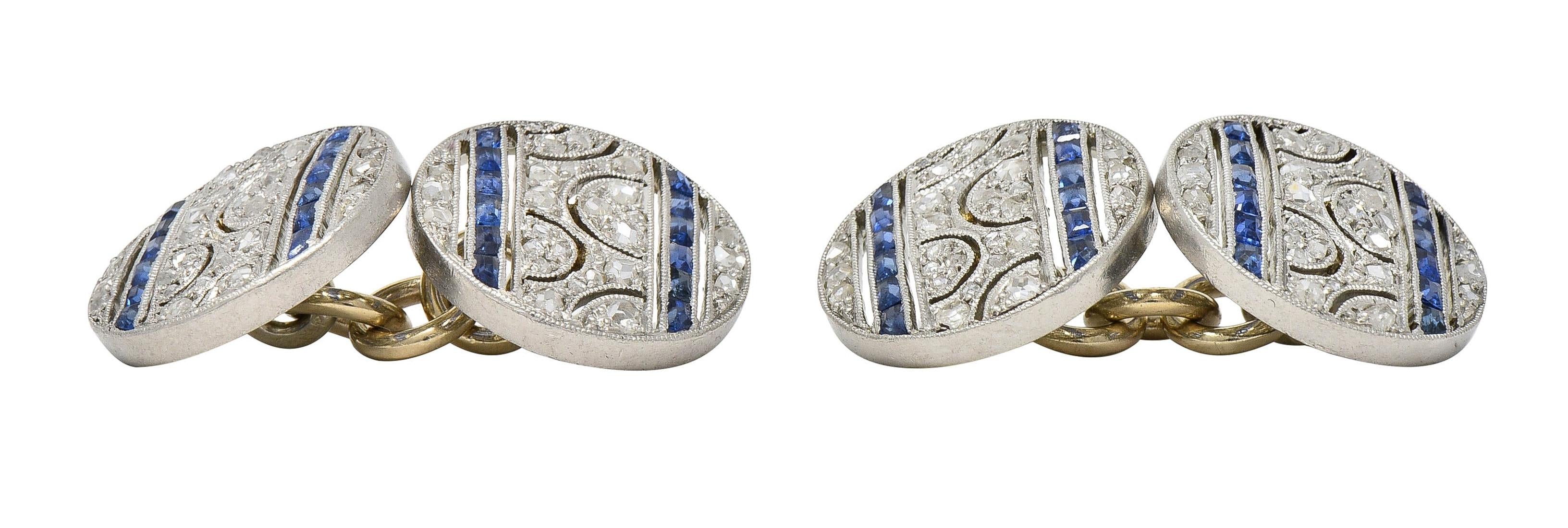 French Art Deco 1.60 CTW Sapphire Diamond Platinum 18K Gold Antique Cufflinks