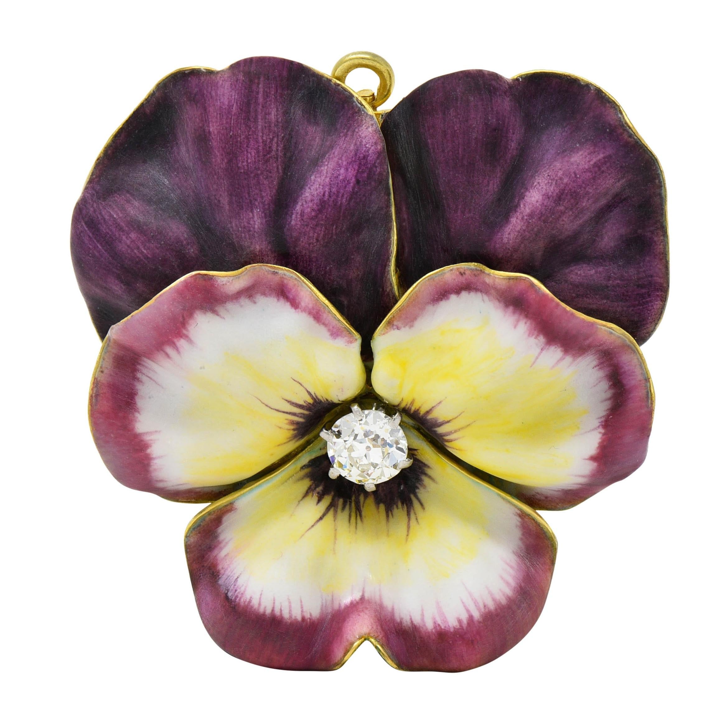 Tiffany & Co Nouveau Diamond Enamel 14K Gold Pansy Flower Antique Pendant Brooch