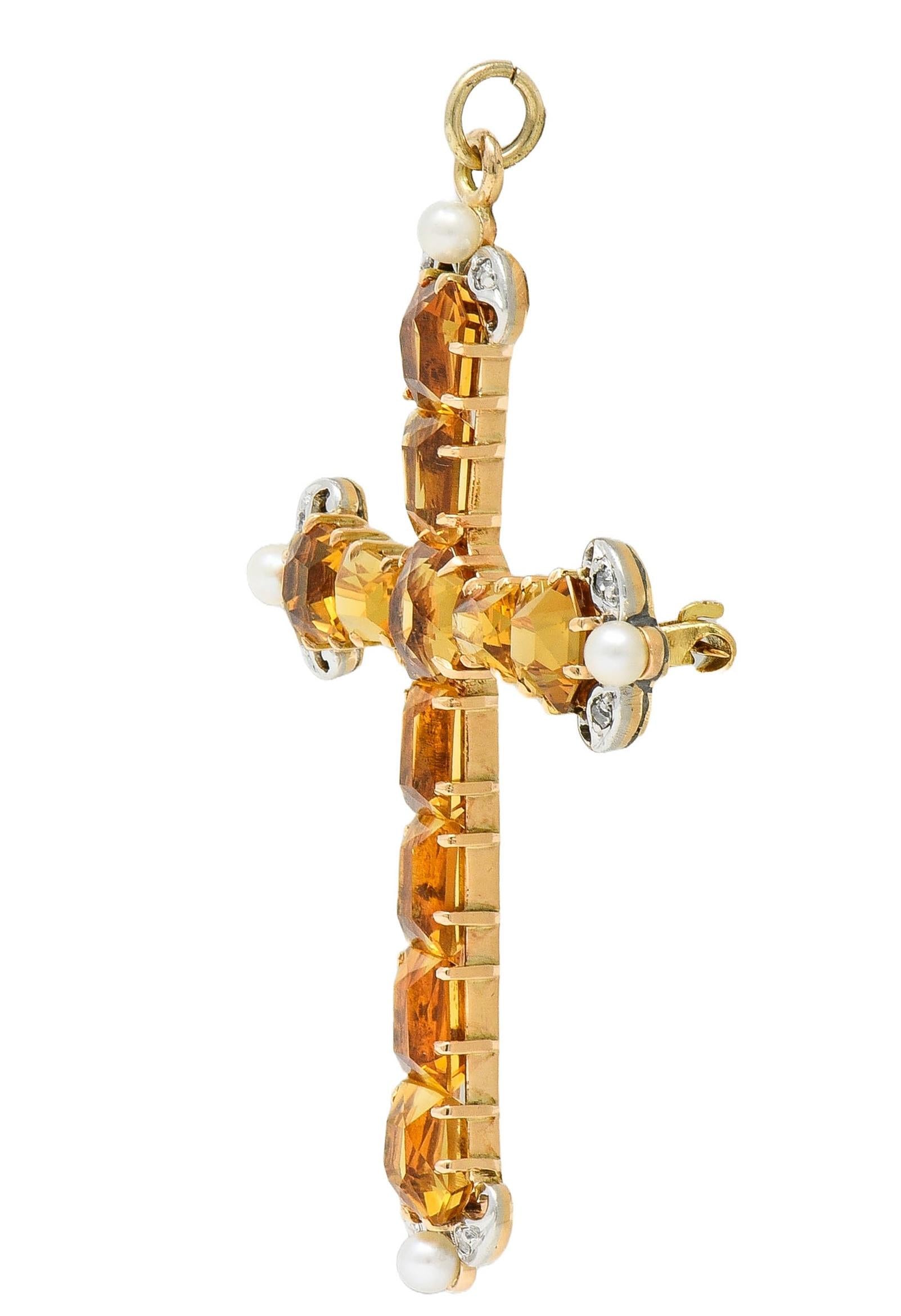 Edwardian 12.04 CTW Citrine Diamond Pearl 14K Gold Antique Cross Pendant Brooch