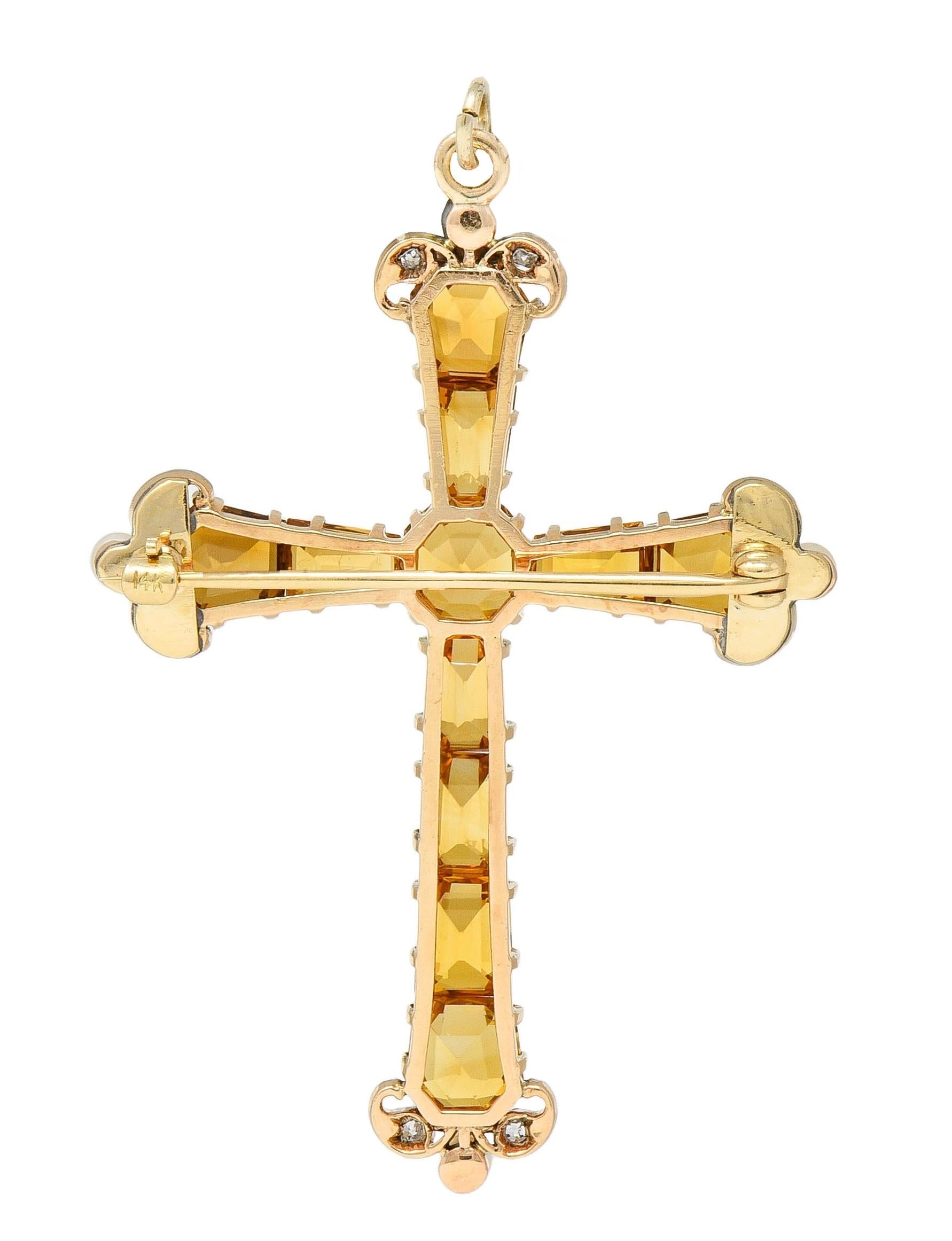 Edwardian 12.04 CTW Citrine Diamond Pearl 14K Gold Antique Cross Pendant Brooch