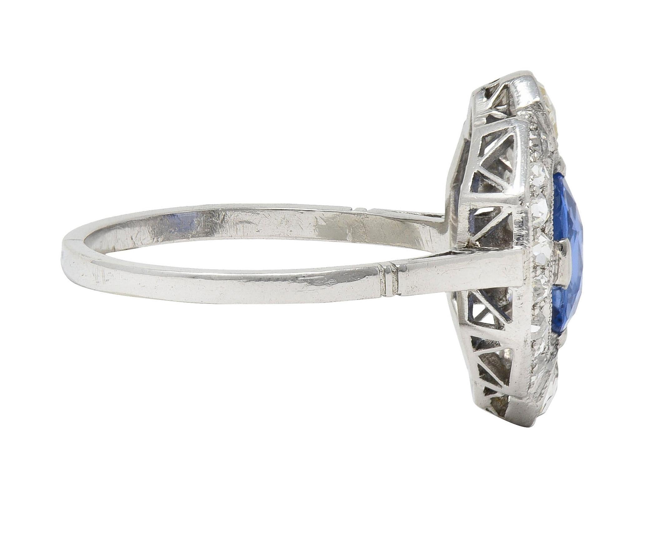 Art Deco No Heat Ceylon Sapphire Diamond Platinum Vintage Halo Ring GIA
