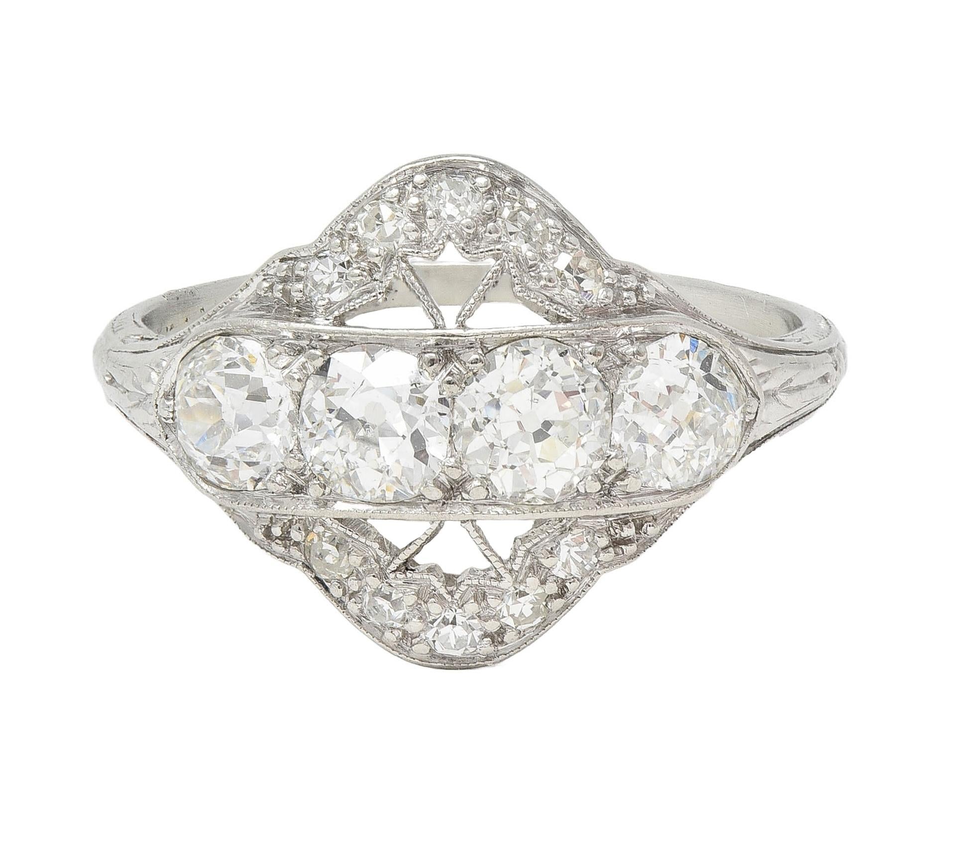 Art Deco 1.12 CTW Old European Diamond Platinum Floral Vintage Dinner Ring