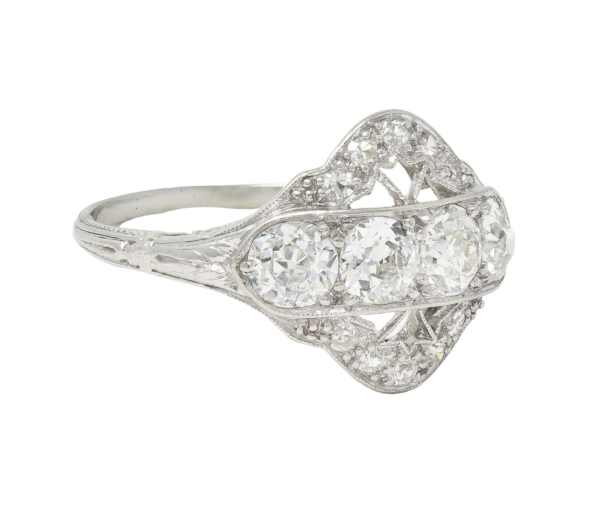 Art Deco 1.12 CTW Old European Diamond Platinum Floral Vintage Dinner Ring