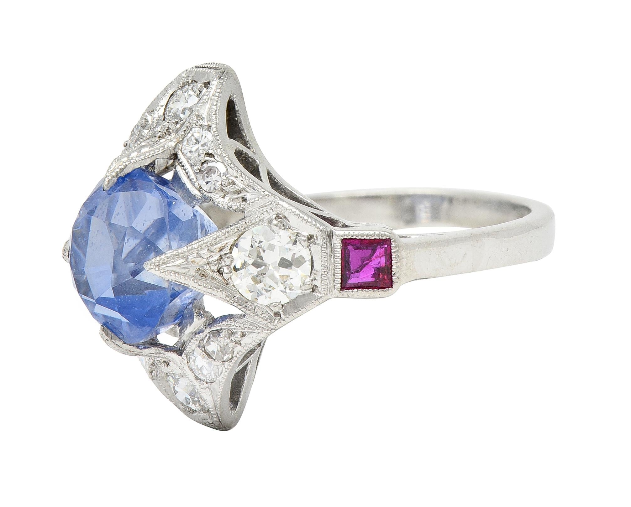 Art Deco 7.92 CTW No Heat Ceylon Sapphire Diamond Ruby Platinum Vintage Ring GIA