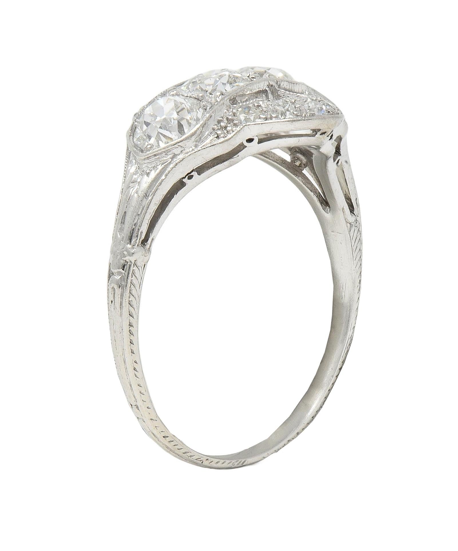 Art Deco 1.12 CTW Old European Diamond Platinum Floral Vintage Dinner Ring