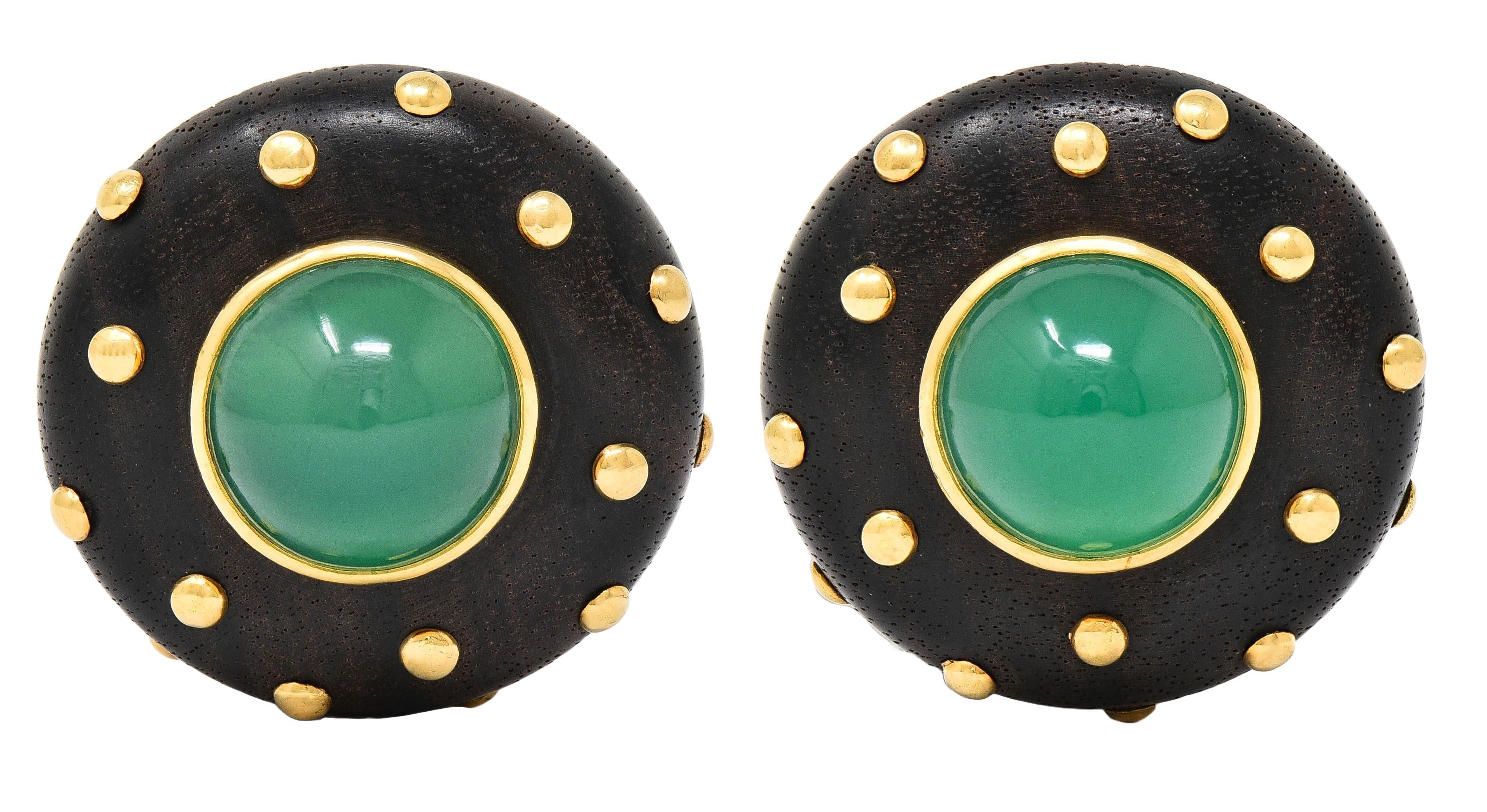 French 1980's Chrysoprase Wood 18 Karat Yellow Gold Vintage Ear-Clip Earrings