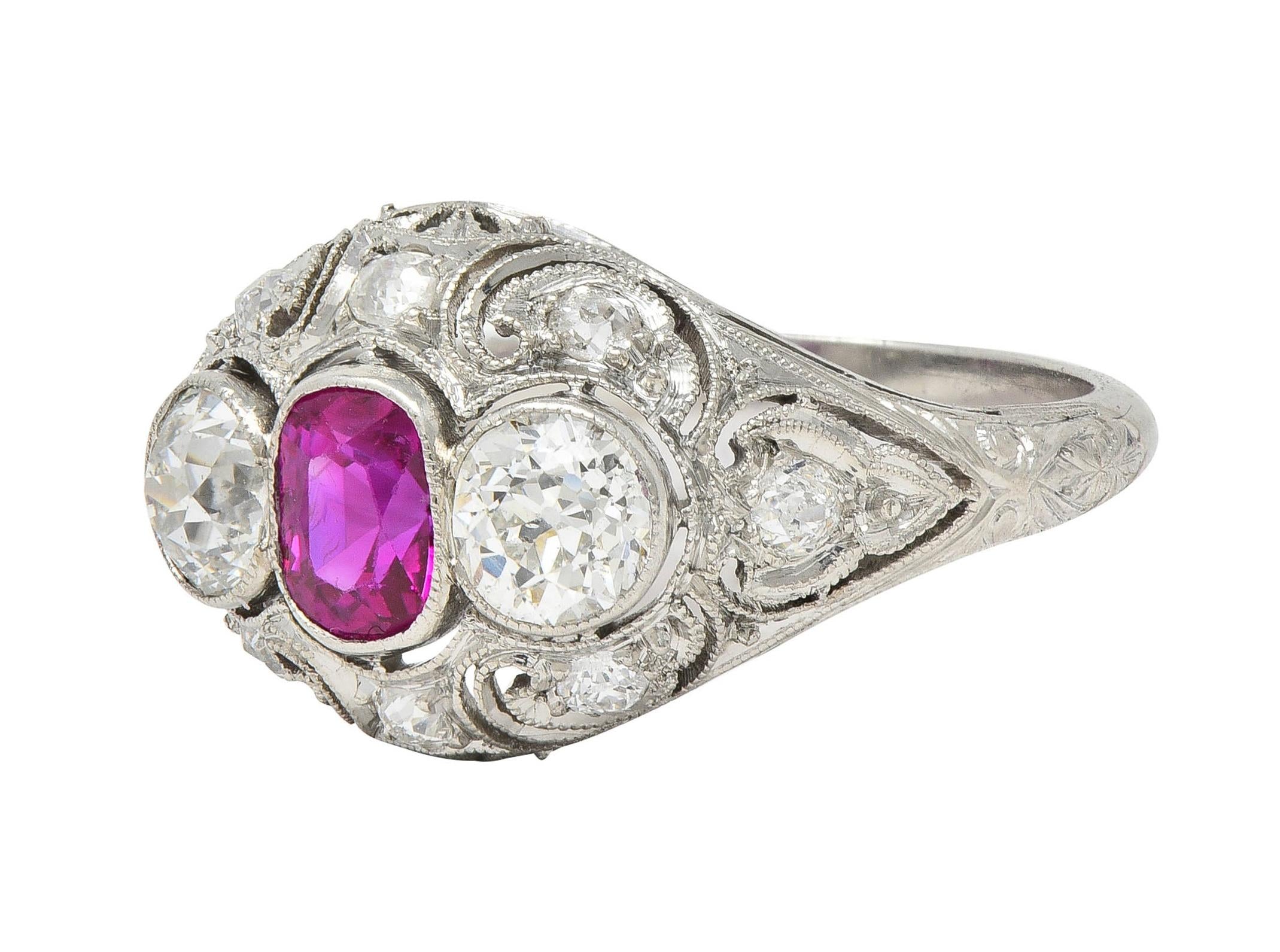 Art Deco 1.75 CTW No Heat Burma Ruby Diamond Platinum Vintage Bombé Ring GIA