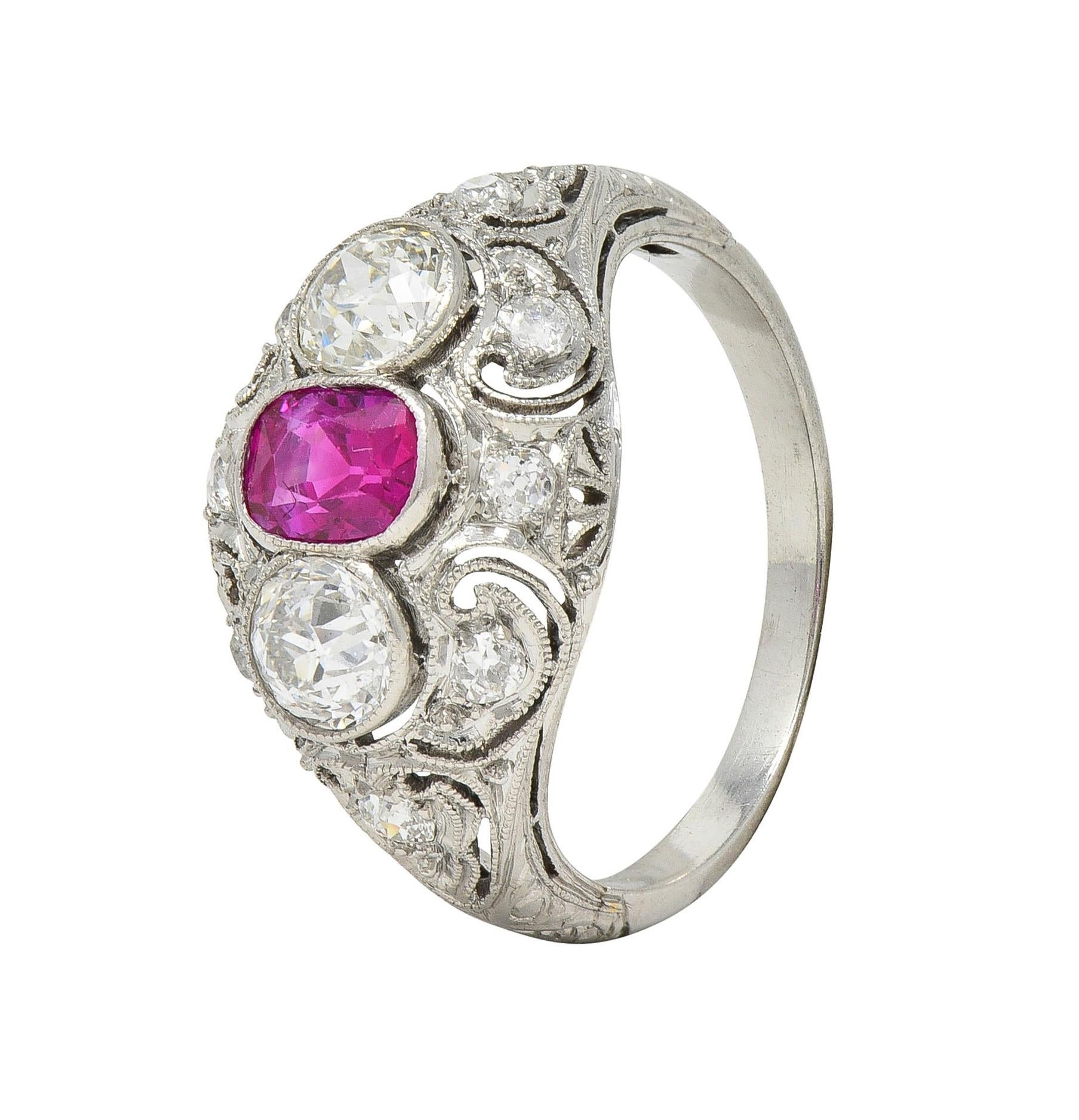 Art Deco 1.75 CTW No Heat Burma Ruby Diamond Platinum Vintage Bombé Ring GIA