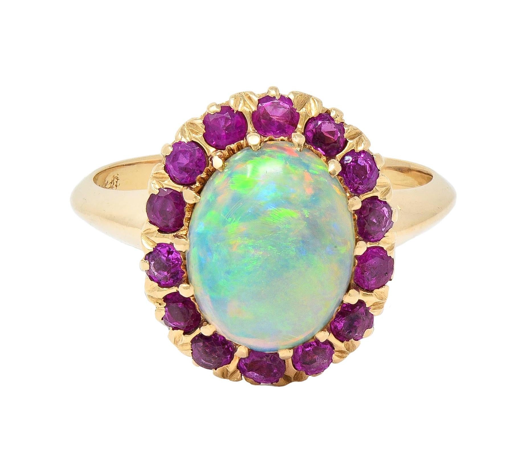 Retro Pink Sapphire Opal 14 Karat Yellow Gold Vintage Halo Ring