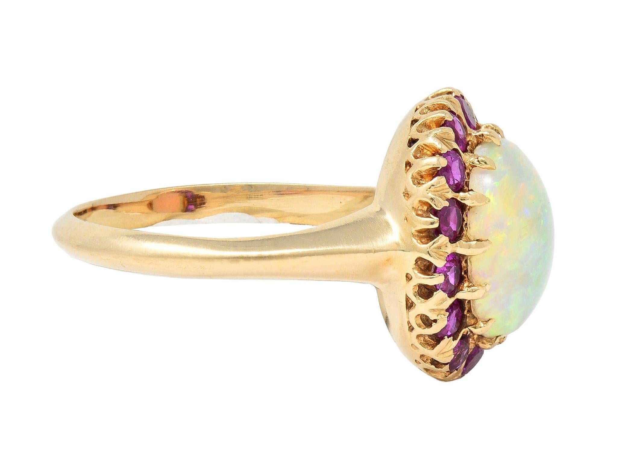 Retro Pink Sapphire Opal 14 Karat Yellow Gold Vintage Halo Ring