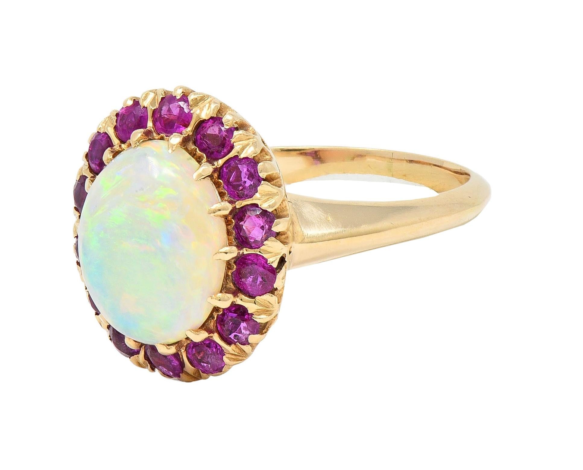 Retro Pink Sapphire Opal 14 Karat Yellow Gold Vintage Halo Ring