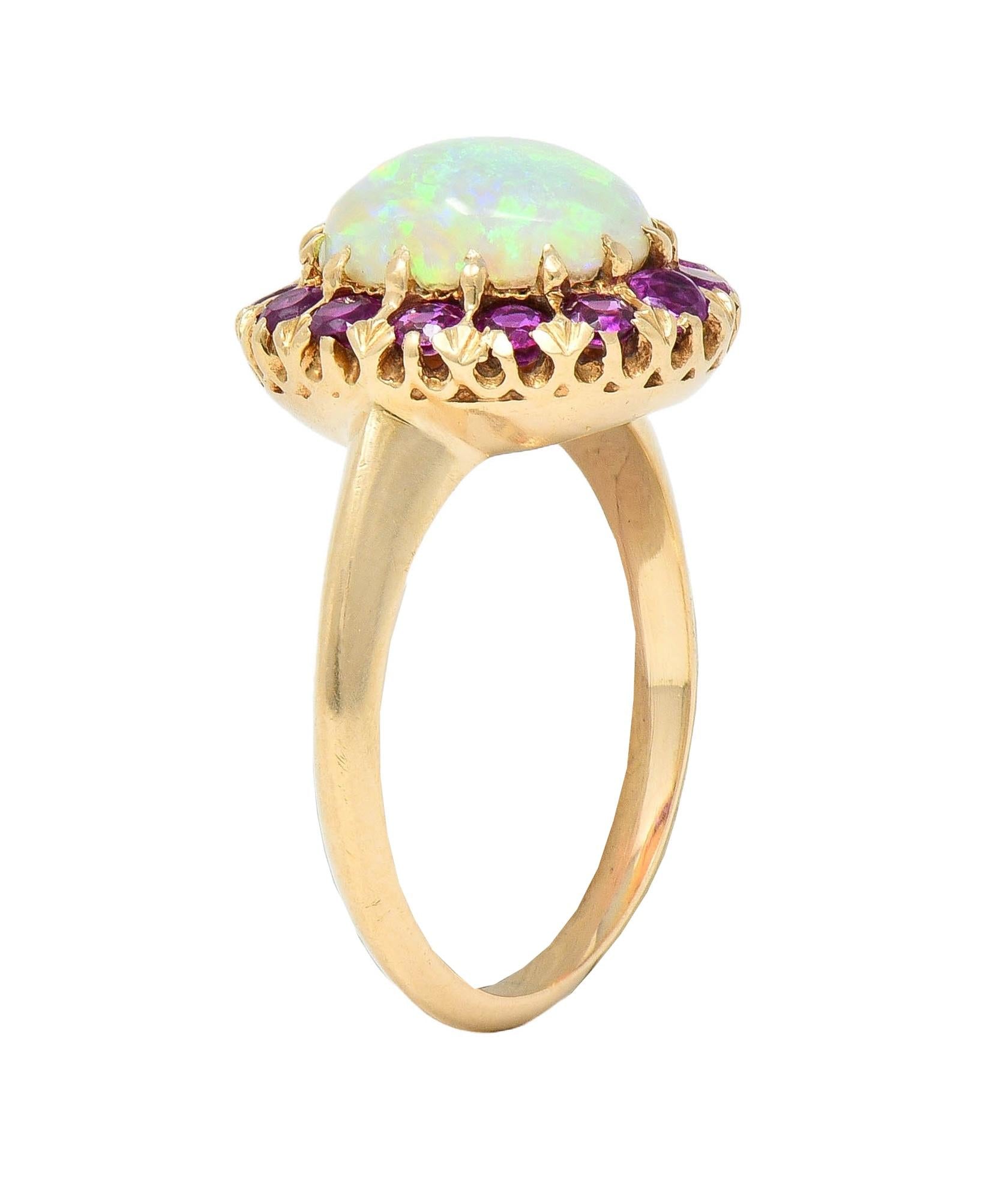 Retro Pink Sapphire Opal 14 Karat Yellow Gold Vintage Halo Ring