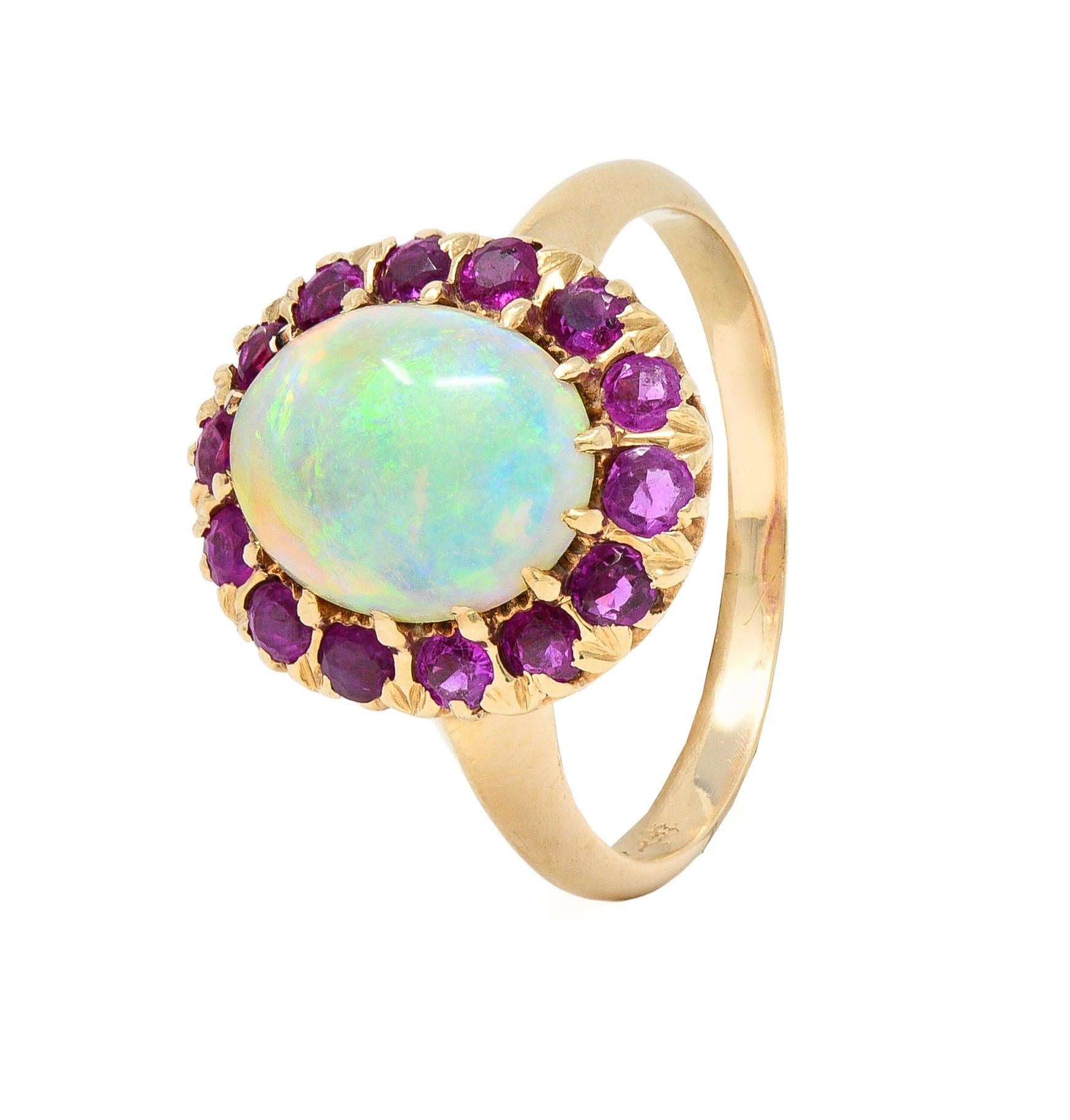 Retro Pink Sapphire Opal 14 Karat Yellow Gold Vintage Halo Ring