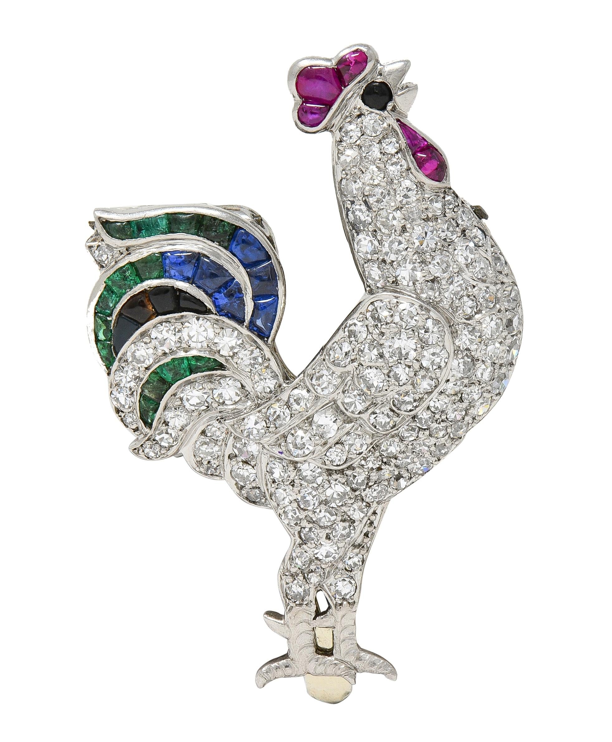 French Art Deco 4.15 CTW Diamond Multi-Gem Onyx Platinum Vintage Rooster Brooch