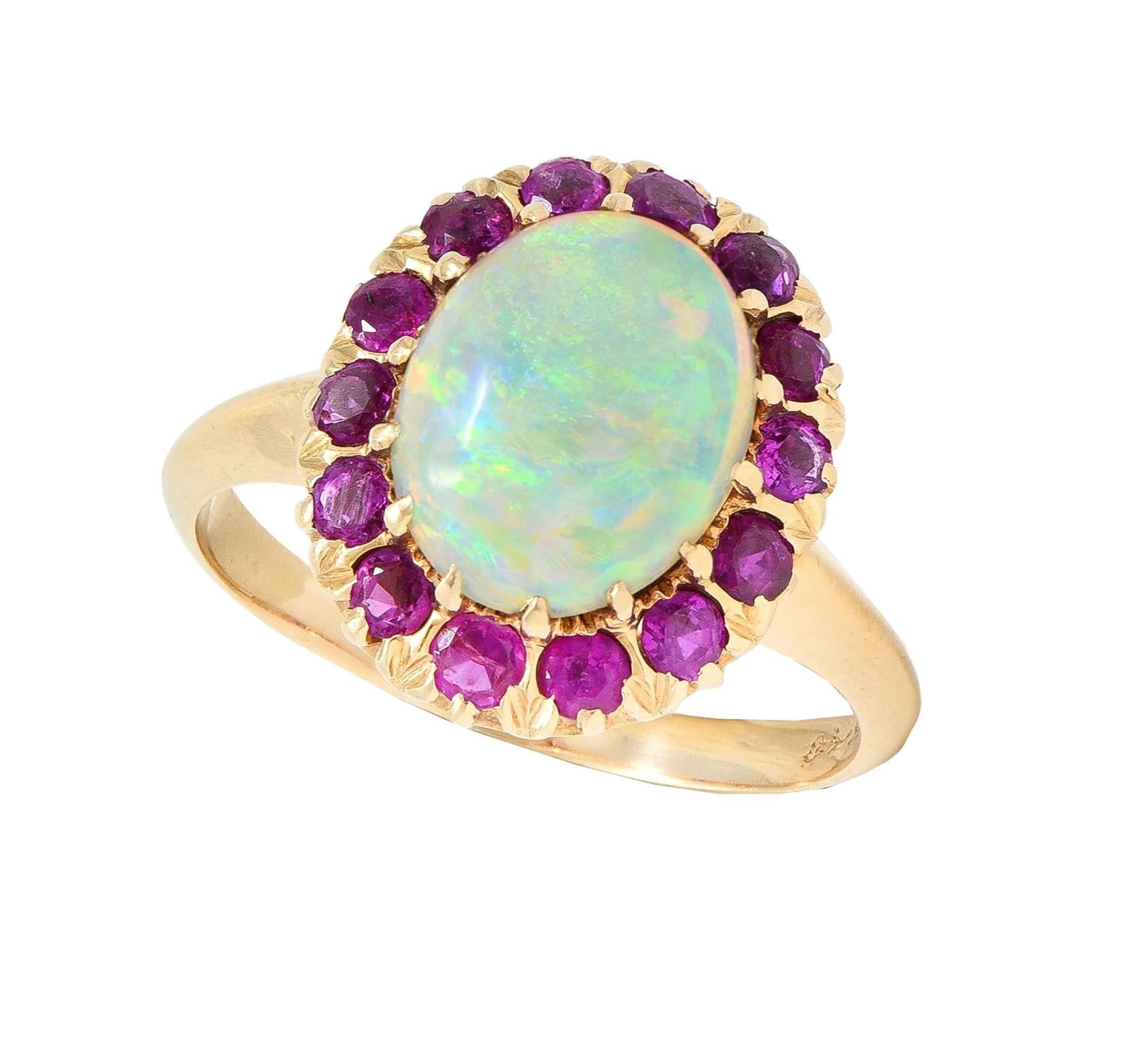 Retro Pink Sapphire Opal 14 Karat Yellow Gold Vintage Halo Ring