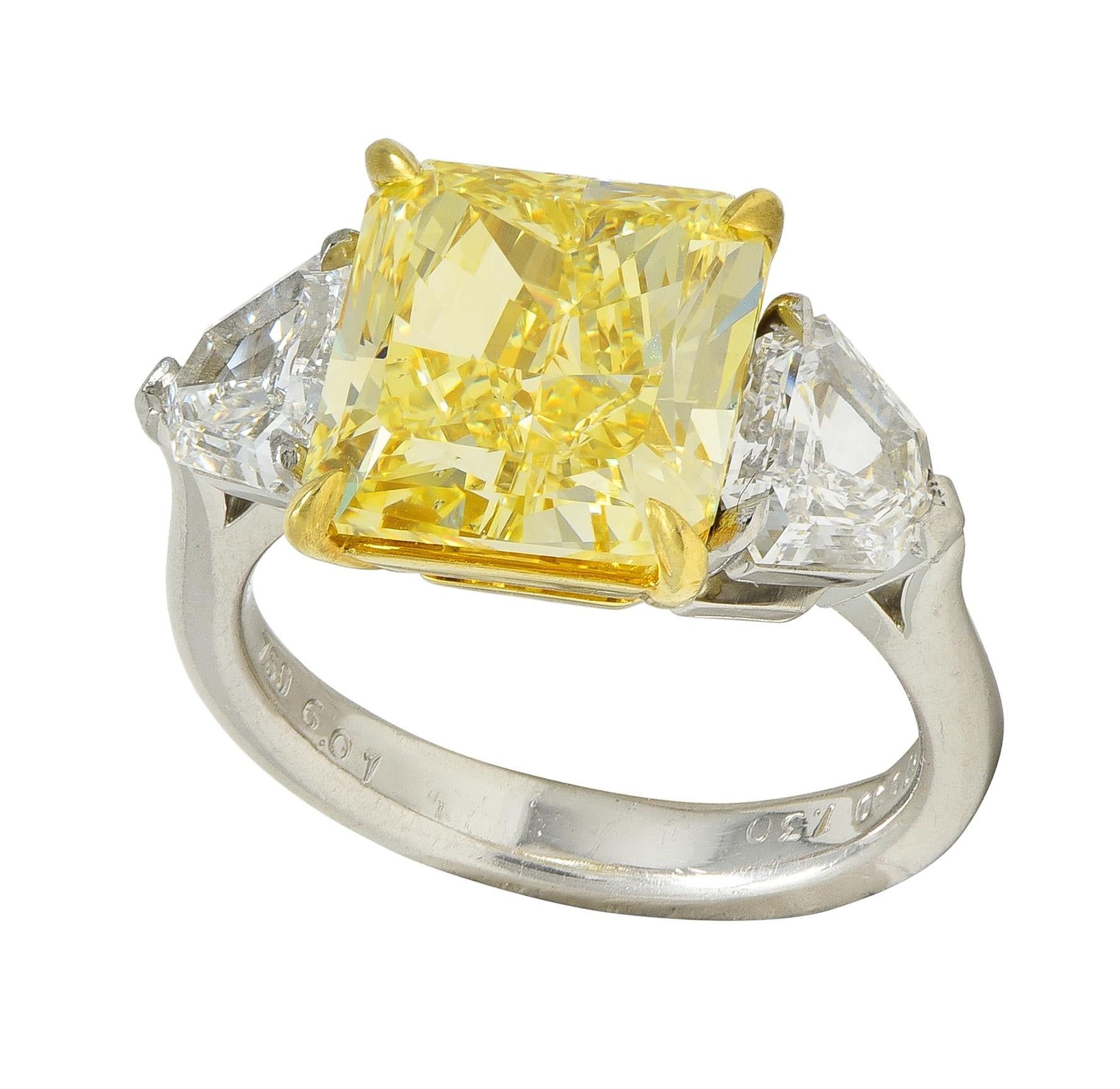 7.31 CTW Fancy Intense Yellow Diamond Platinum 18K Gold Engagement Ring GIA