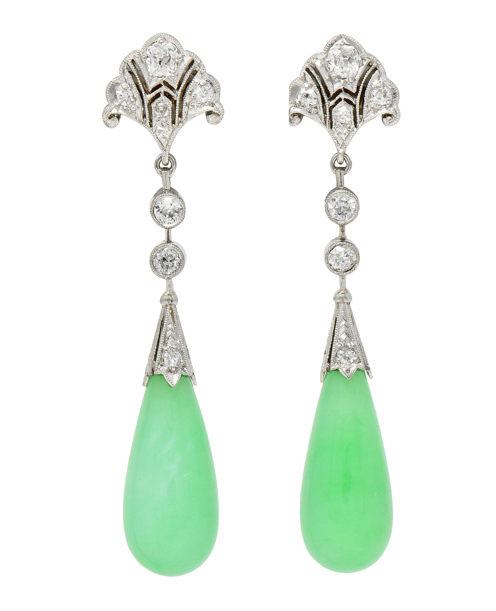 Art Deco Vintage Jadeite Jade Diamond Platinum Fanning Lotus Drop Earrings