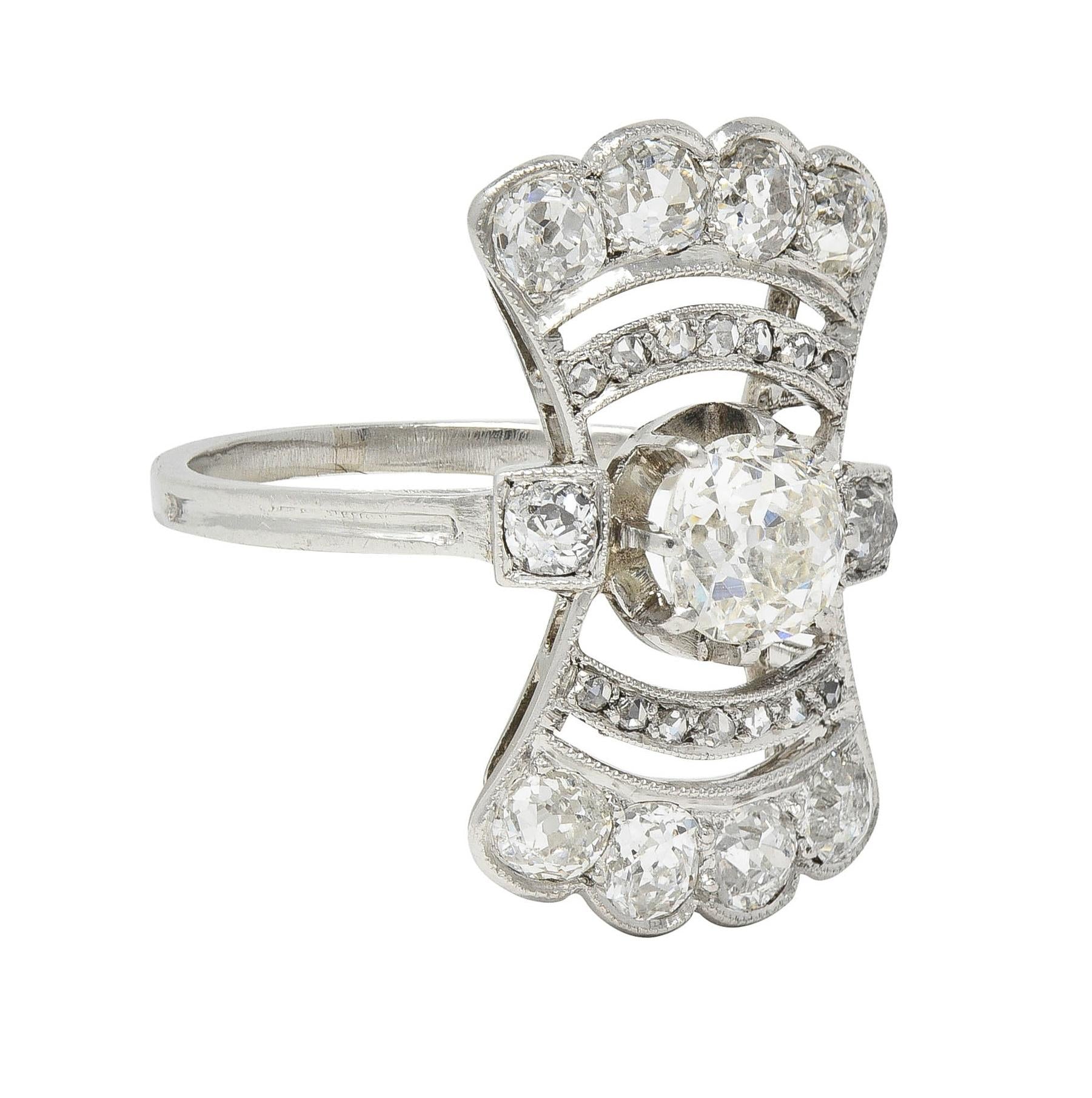 French Art Deco 1.70 CTW Diamond Platinum Fanning Antique Dinner Ring