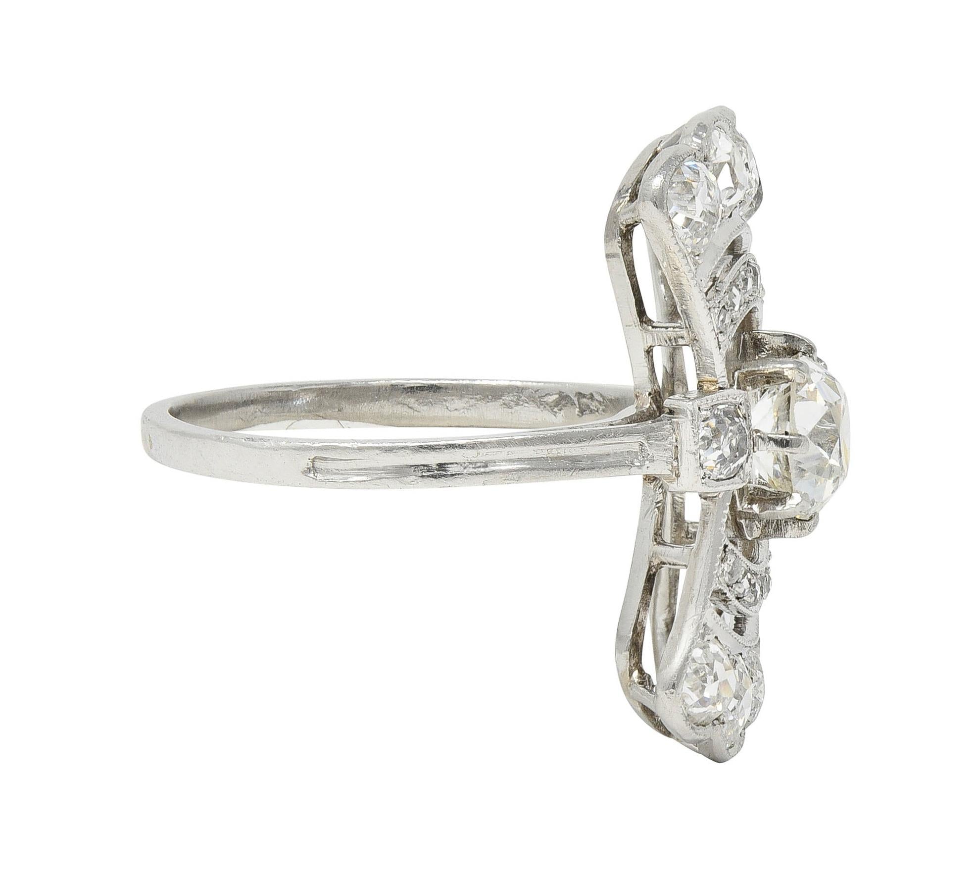 French Art Deco 1.70 CTW Diamond Platinum Fanning Antique Dinner Ring