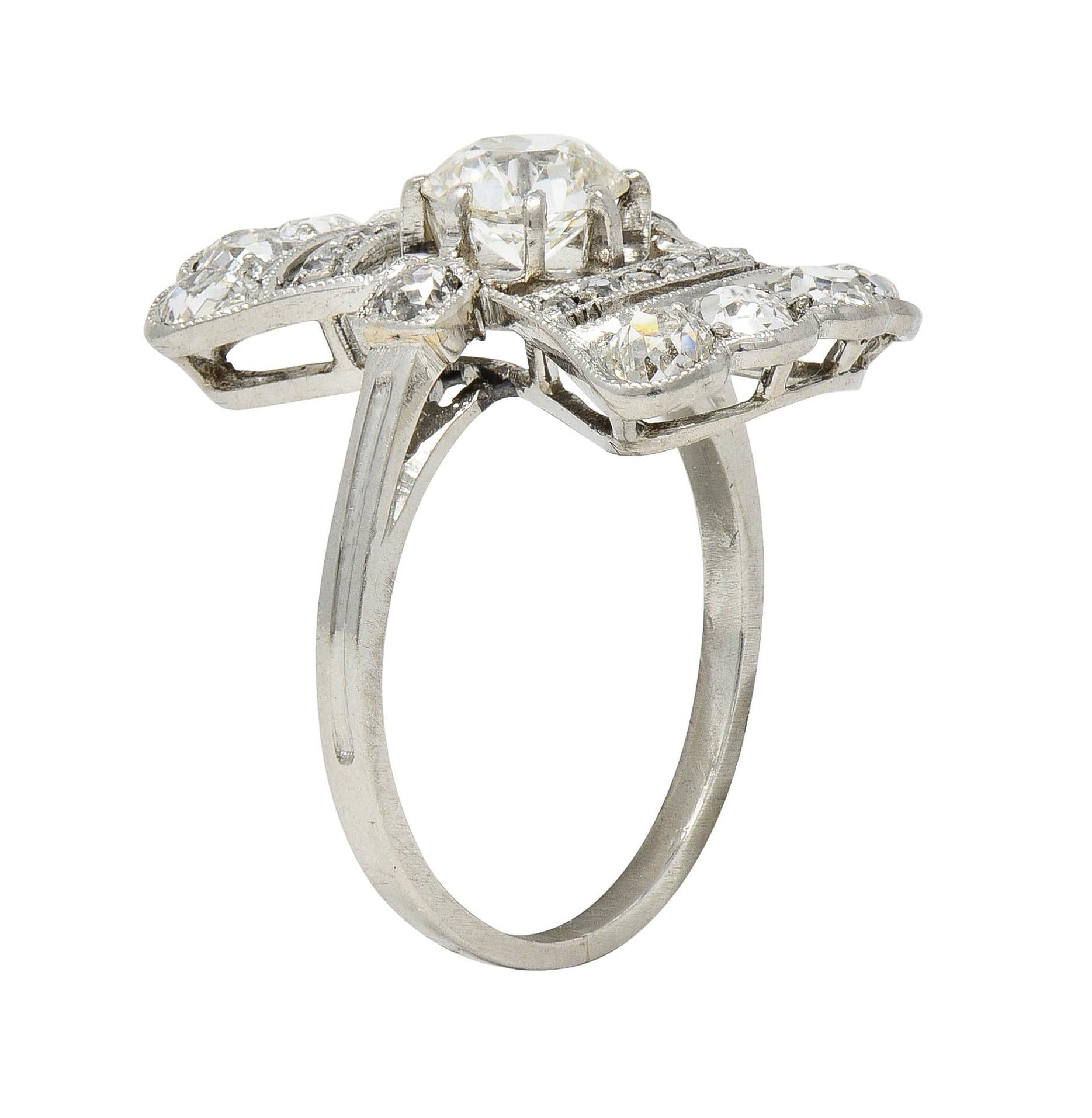 French Art Deco 1.70 CTW Diamond Platinum Fanning Antique Dinner Ring