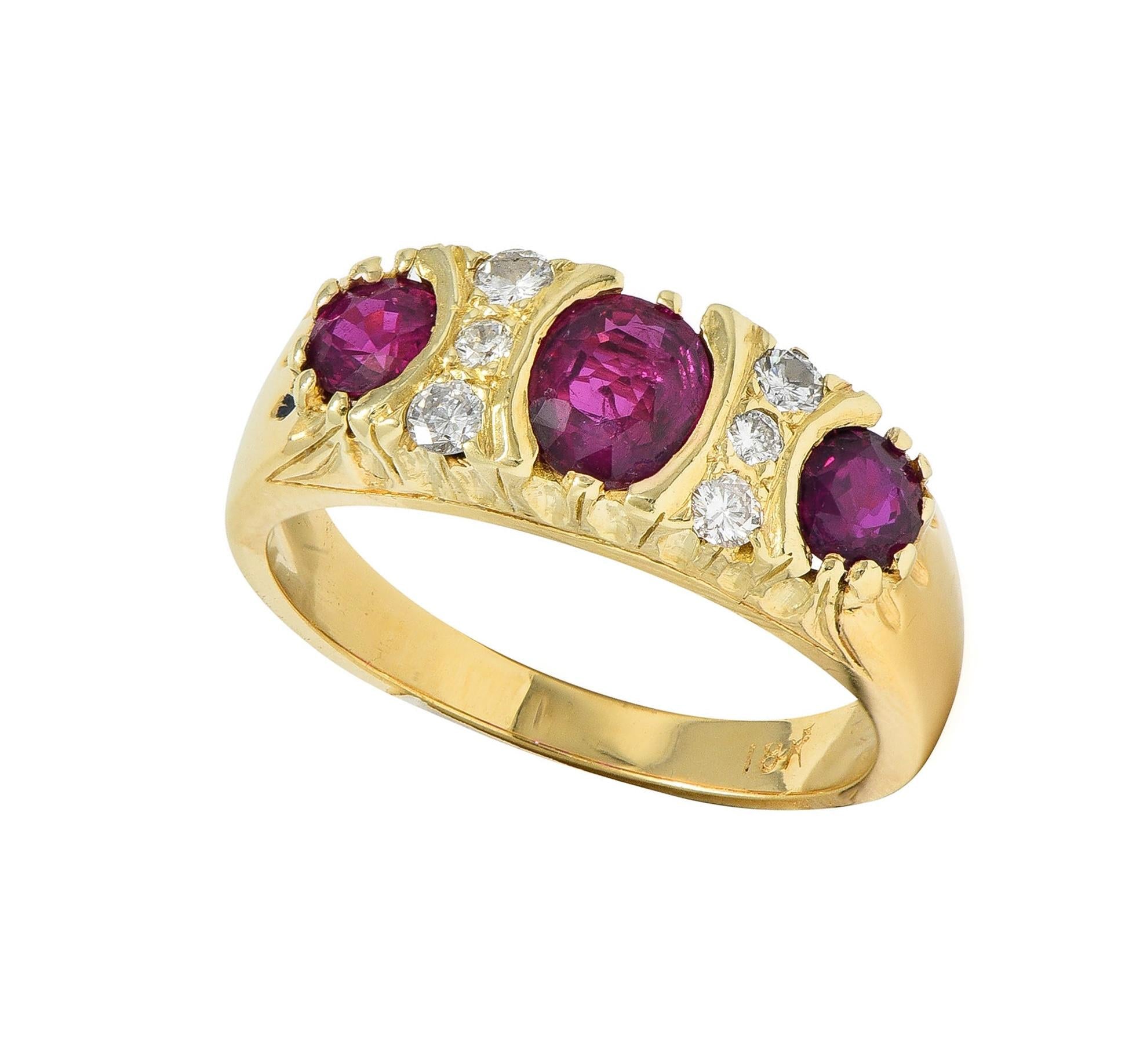 1980's 1.25 CTW Ruby Diamond 18 Karat Yellow Gold Vintage Band Ring