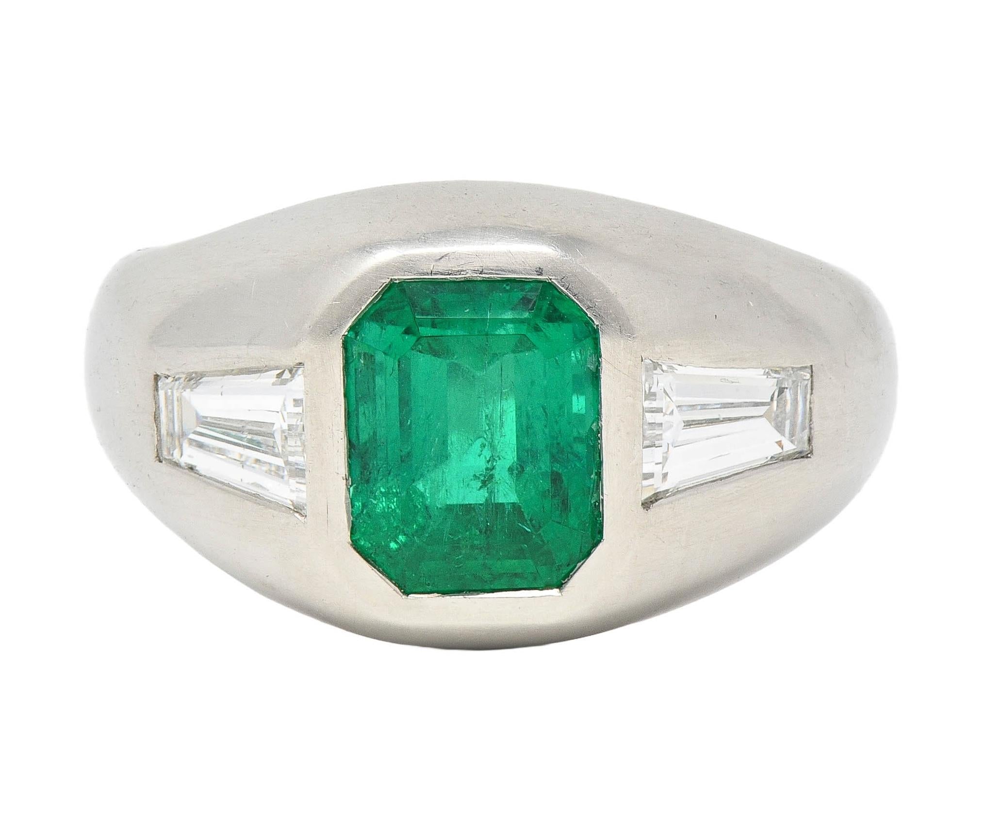 1960's 3.70 CTW Emerald Diamond Platinum Vintage Three Stone Ring