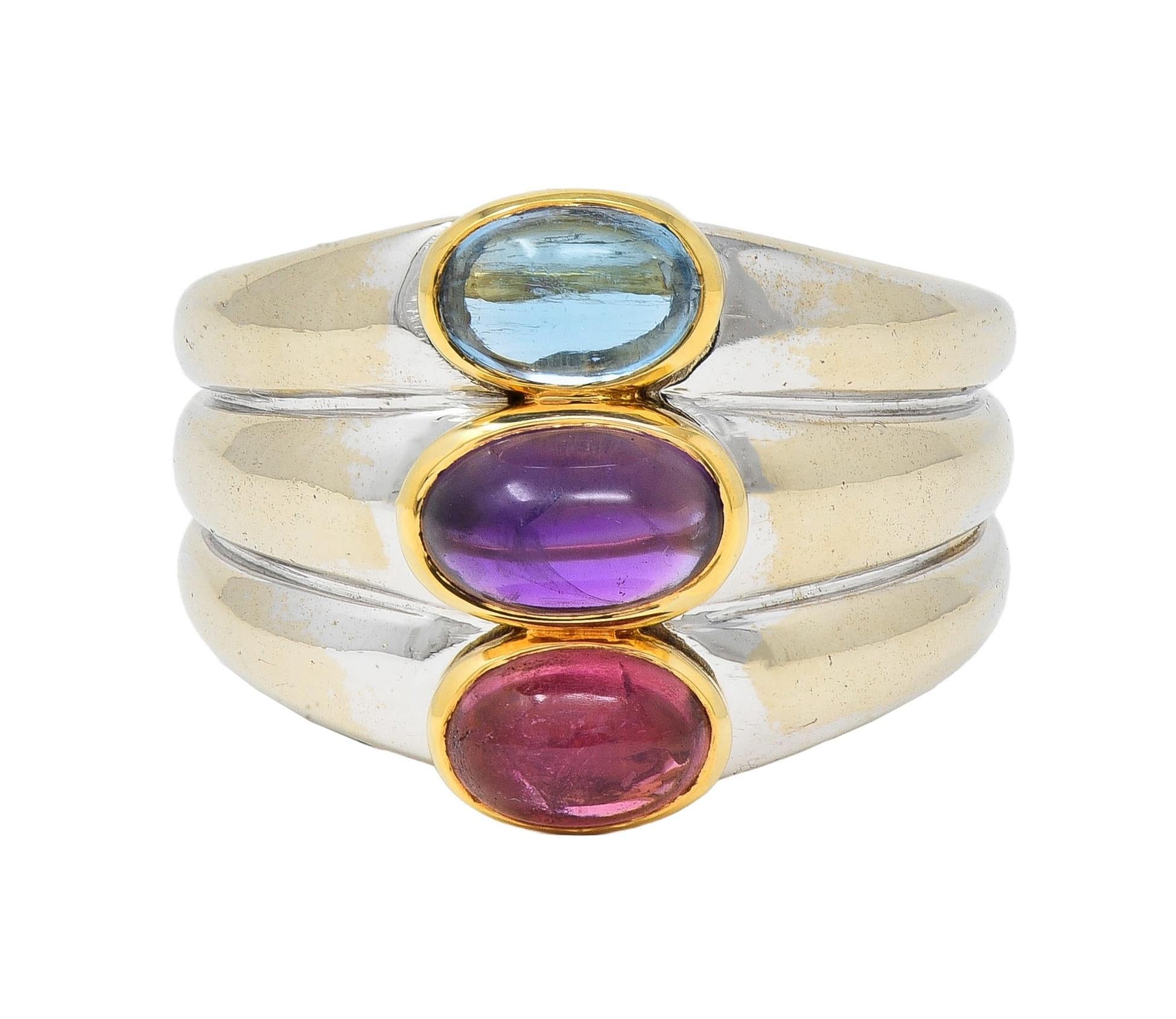 Marina B. 1980's Tourmaline Amethyst Topaz 18 Karat Two-Tone Gold Vintage Ring