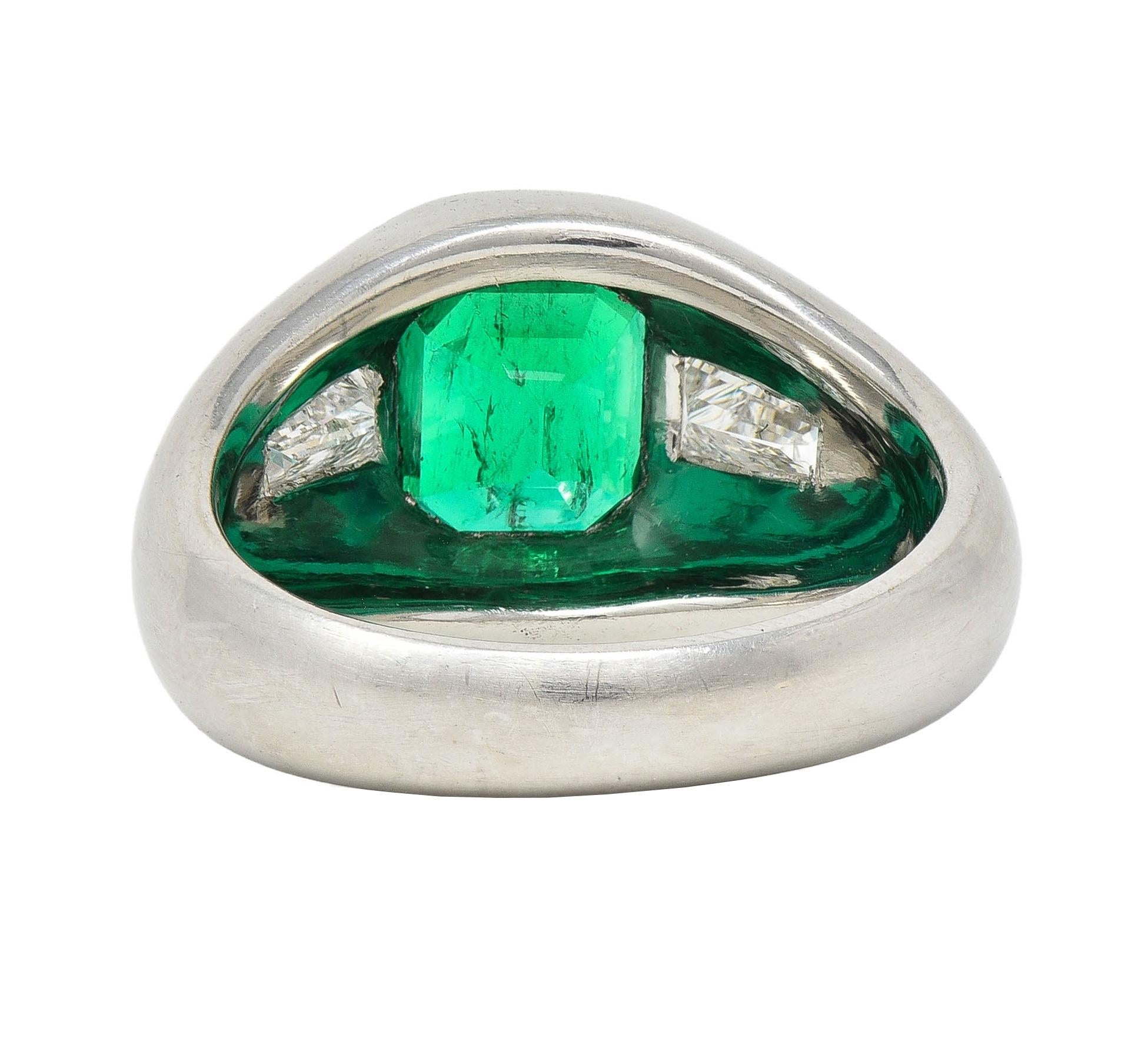 1960's 3.70 CTW Emerald Diamond Platinum Vintage Three Stone Ring