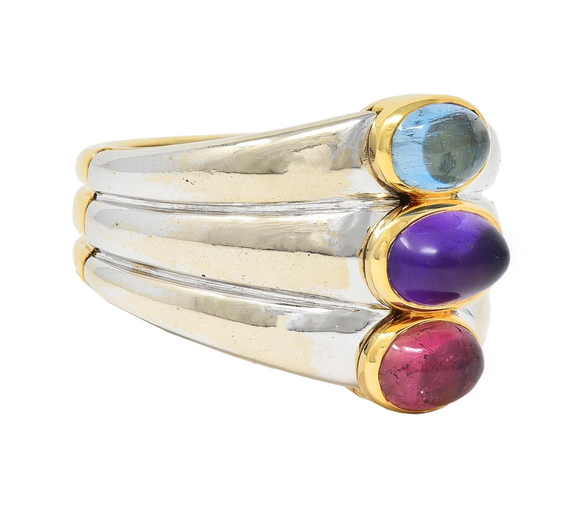 Marina B. 1980's Tourmaline Amethyst Topaz 18 Karat Two-Tone Gold Vintage Ring