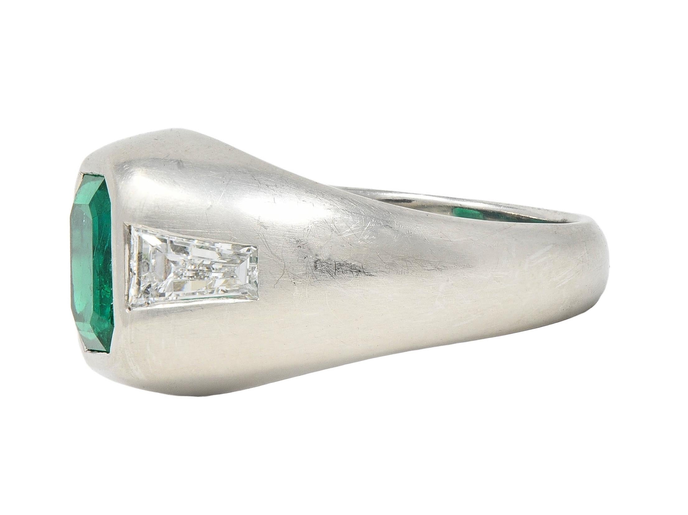 1960's 3.70 CTW Emerald Diamond Platinum Vintage Three Stone Ring