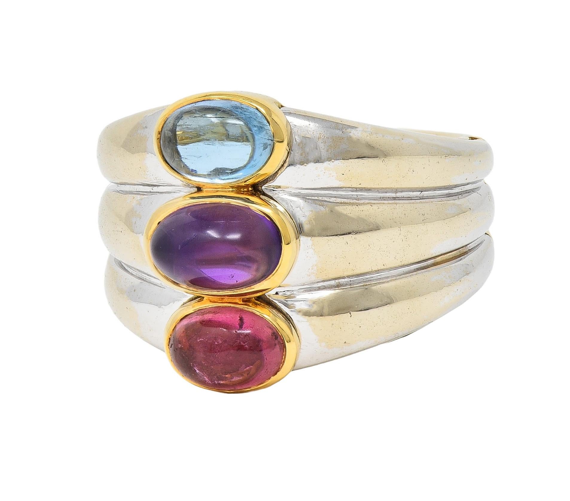 Marina B. 1980's Tourmaline Amethyst Topaz 18 Karat Two-Tone Gold Vintage Ring